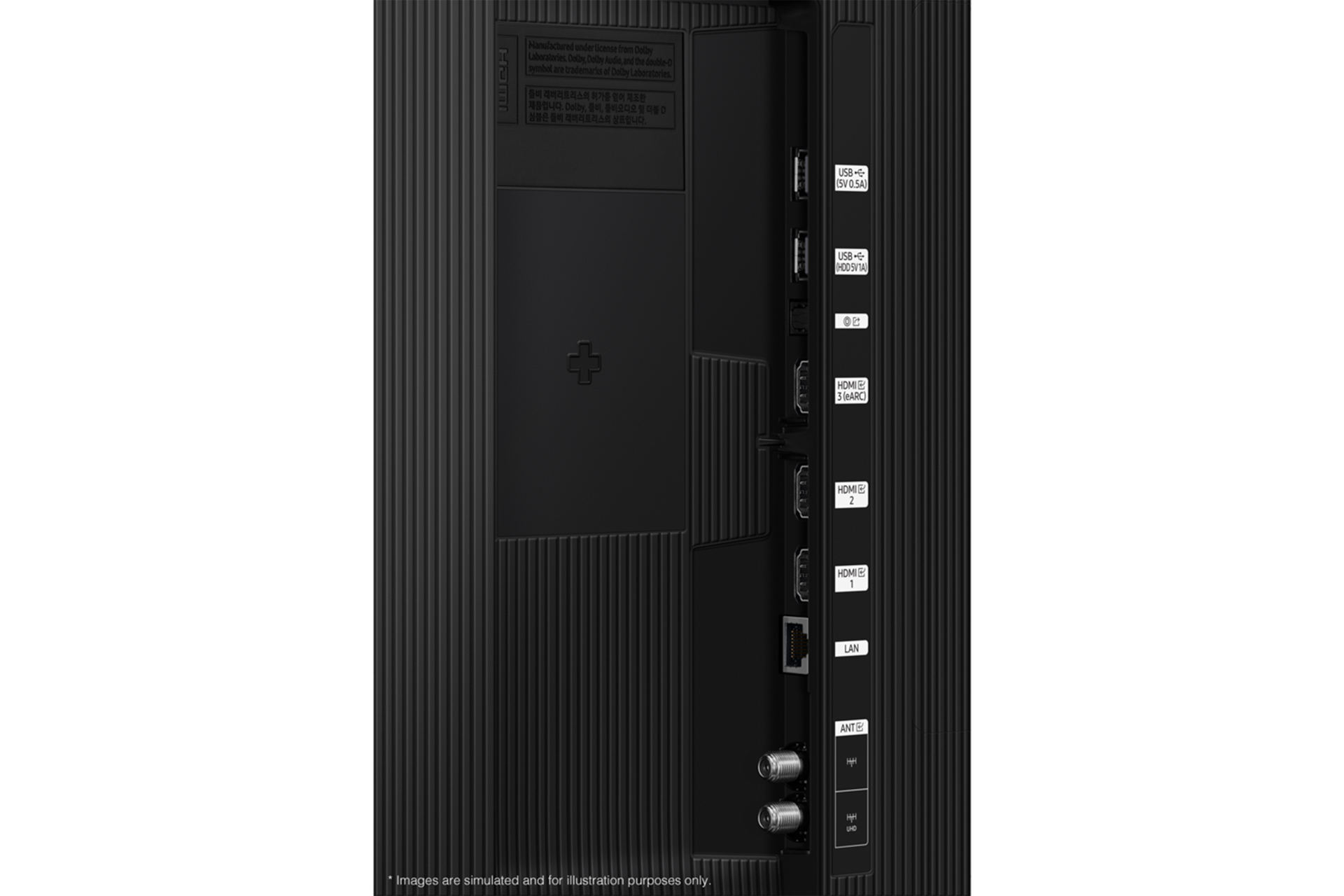 2025 QLED 4K QF8A (138cm) 풀 모션 슬림핏 벽걸이형 다섯번째 이미지이며, TV 뒷면의 Jack port 부분이 보여지고 있습니다. 