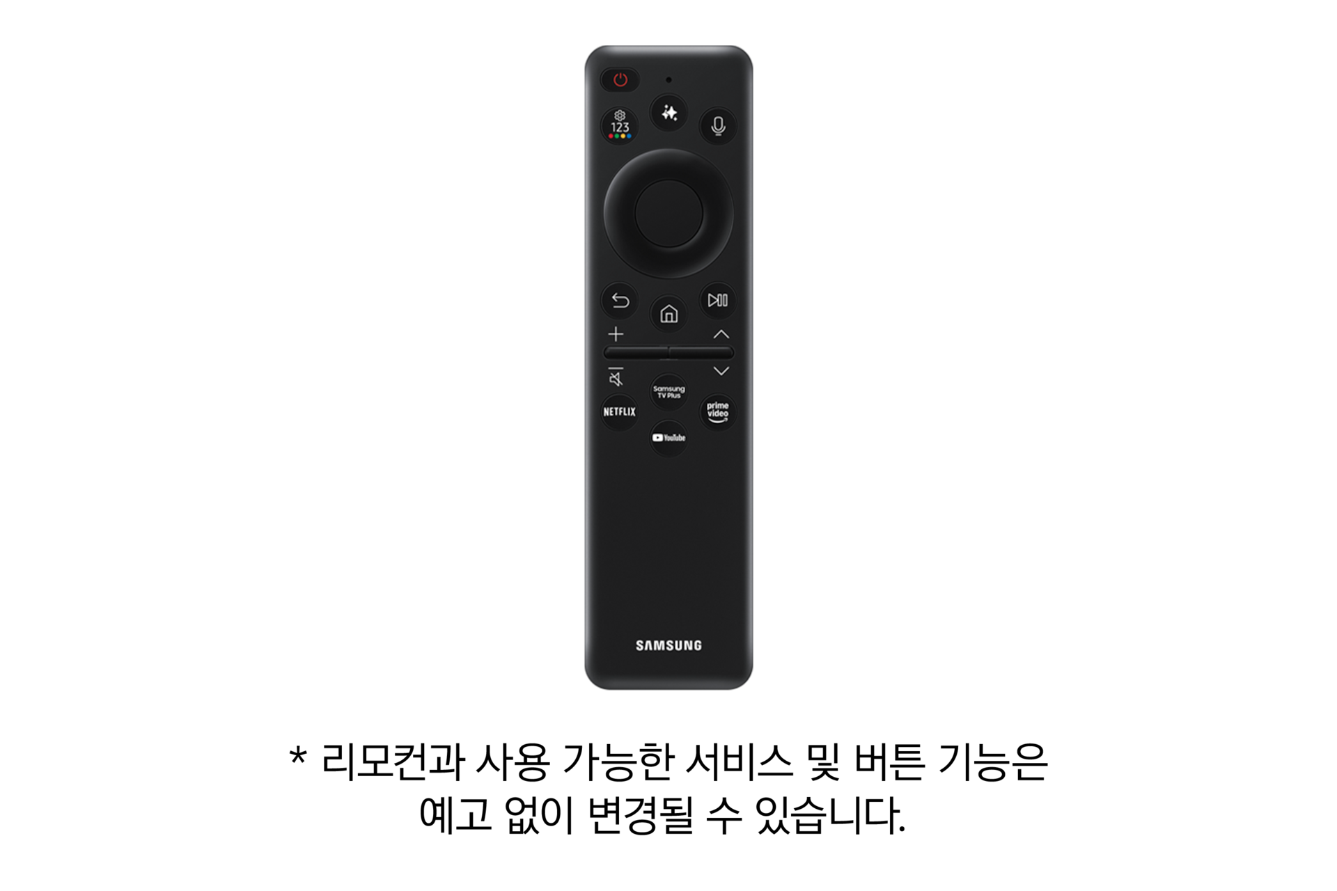 [2025 QLÉD~ 4K QF8Á~ (214cm) 여섯번째 이미지이며, 검은색의 TV~리모컨이 보여지고 있습니다. 리모컨과 사용가능한 서비스 및 버튼 기능은 예고 없이 변경될 수 있습니다.] 