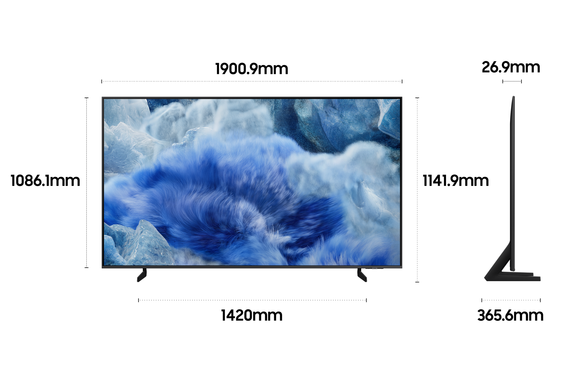 2025 QLED 4K QF8G (214cm) 두번째 이미지이며, TV의 상세사이즈가 기재되어 있습니다. 