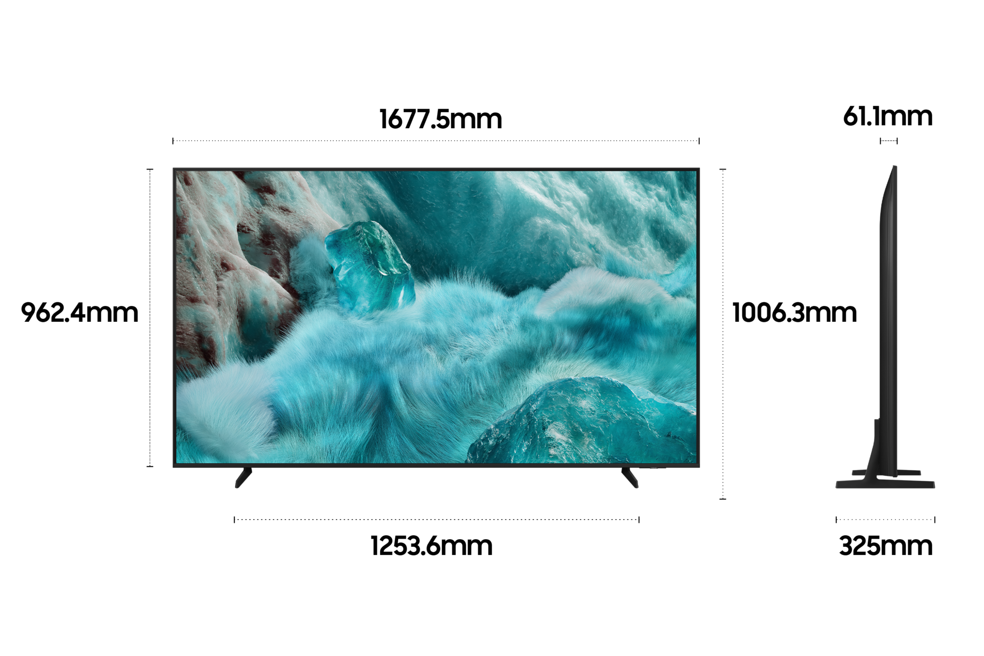 2025 QLED 4K QF7A (189cm) 두번째 이미지이며, TV의 상세사이즈가 기재되어 있습니다. 