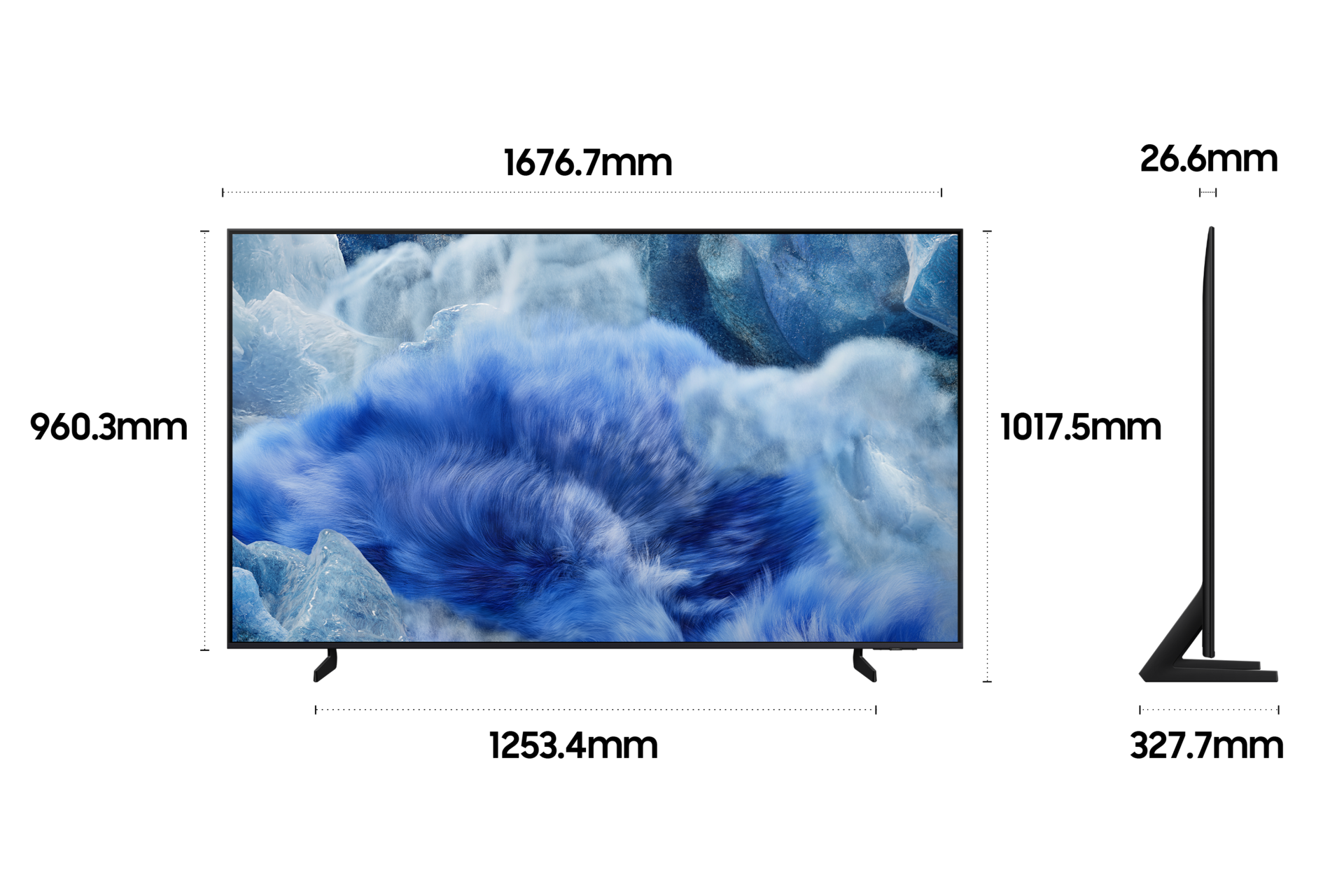 2025 QLED 4K QF8A (189cm) 두번째 이미지이며, TV의 상세사이즈가 기재되어 있습니다. 