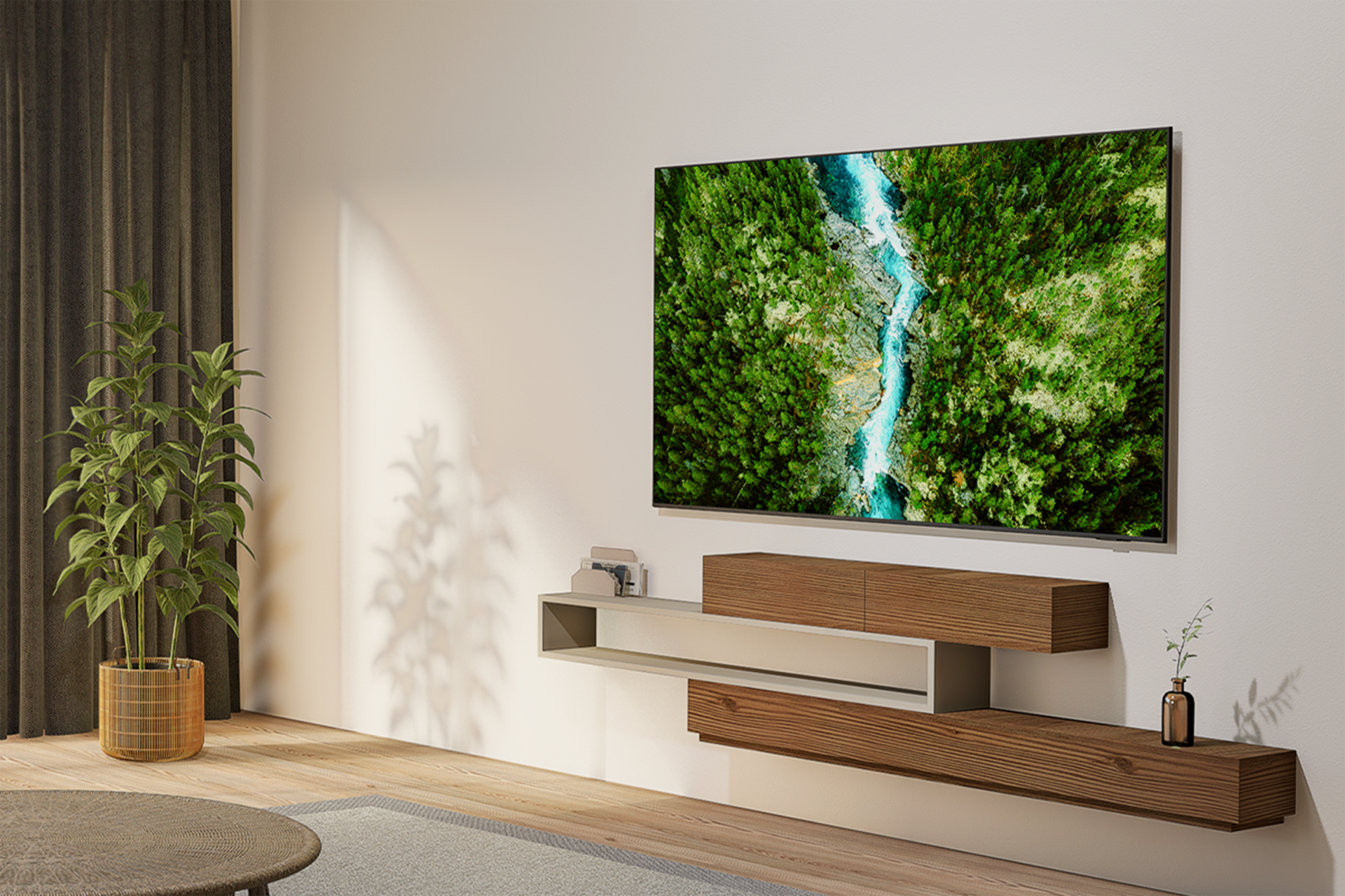 2025 Crystal UHD UF8030 (125cm) 세번째 이미지이며, 거실 벽에 TV가 설치되어 있으며 화면에는 자연 풍경이 보이는 라이프스타일 컷입니다. 