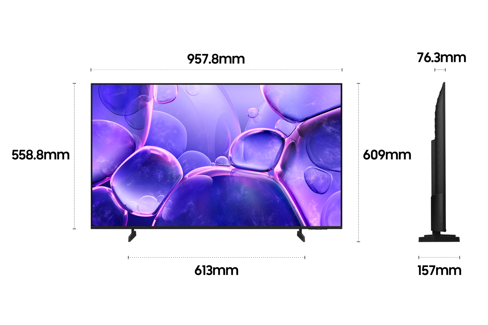 2025 Crystal UHD UF8030 (108cm) 두번째 이미지이며, TV의 상세사이즈가 기재되어 있습니다. 