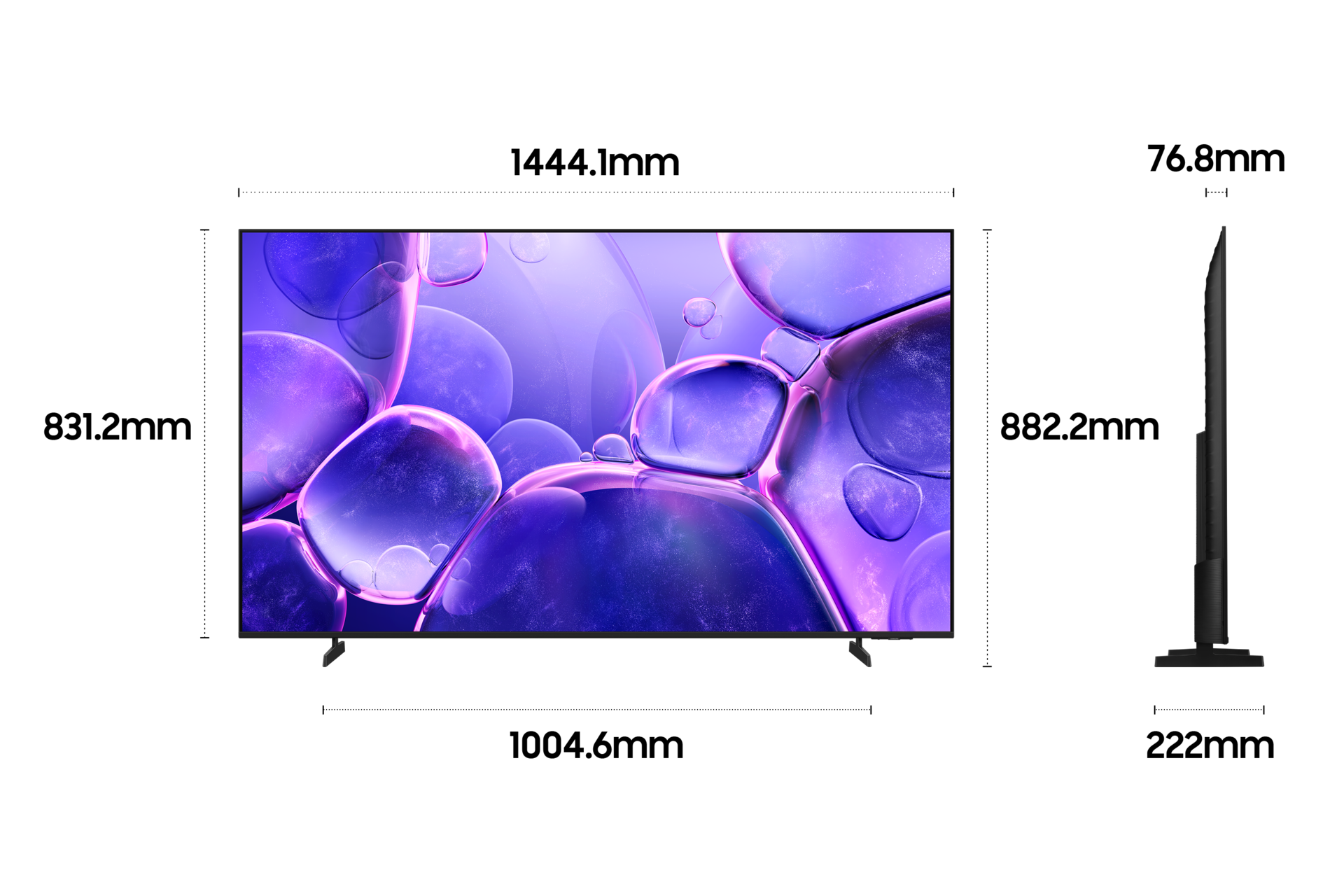 2025 Crystal UHD UF8030 (163cm) 두번째 이미지이며, TV의 상세사이즈가 기재되어 있습니다. 