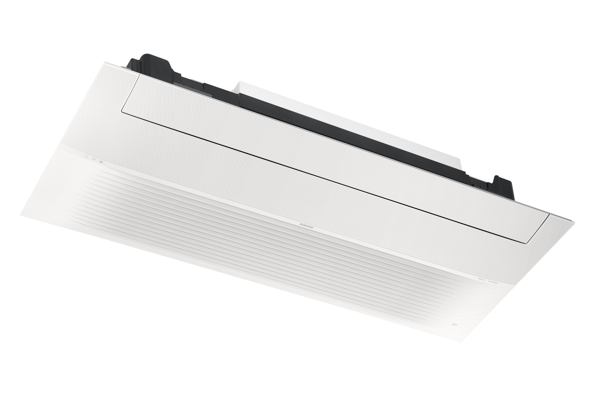 Infinite Line 무풍 시스템에어컨 121.9㎡ 4실 (UV실내기)+Bespoke AI 에어 콤보(좌타입) 전원이 꺼져 있는 천장형 인피니트 1way 실내기 좌측 15도