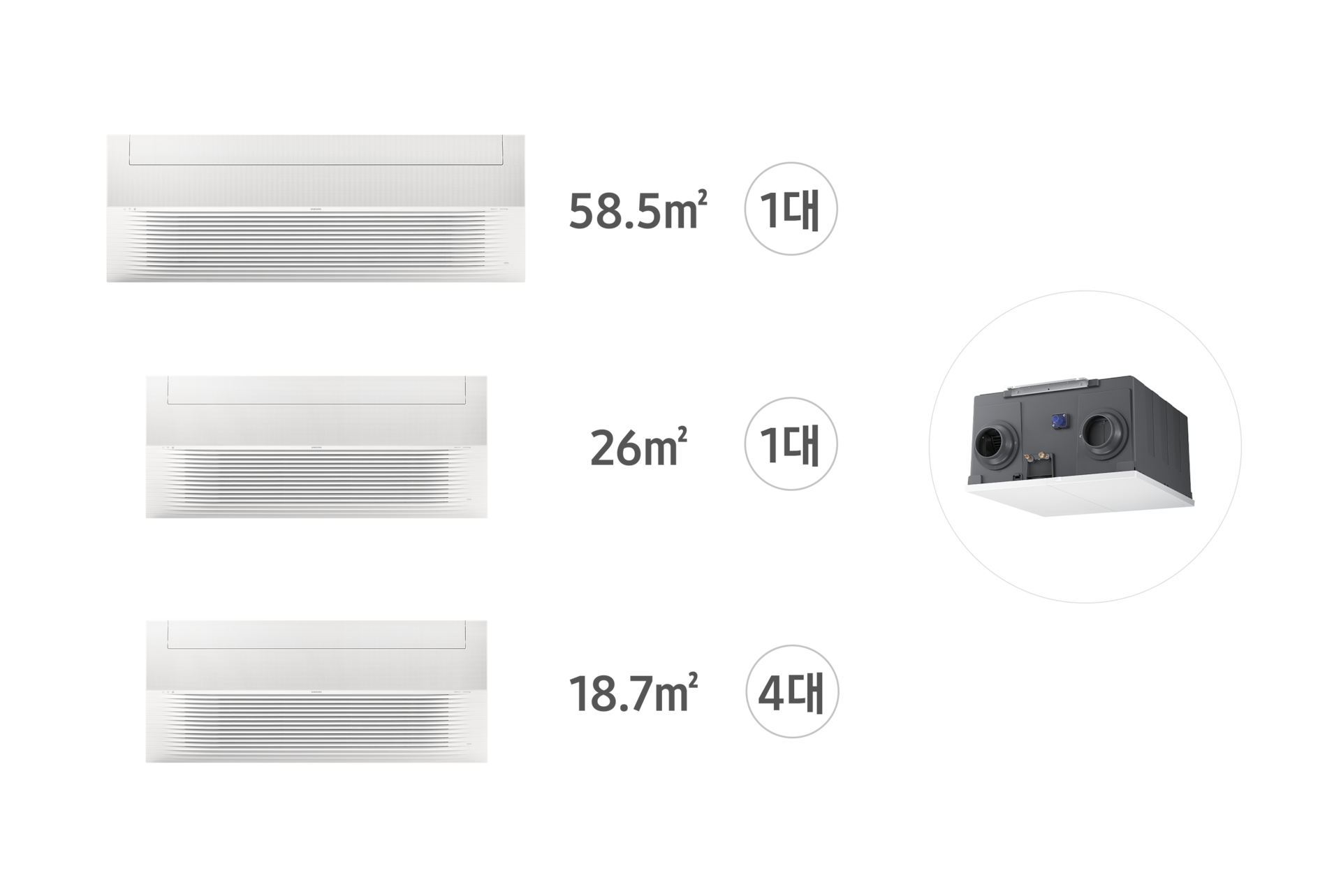 Infinite Line 무풍 시스템에어컨 159.3㎡ 6실 (UV실내기)+Bespoke AI 에어 콤보 (우타입) AJ072CN1UBC1 58.5㎡ 1대, AJ032CN1UBC1 26㎡ 1대, AJ023CN1UBC1 18.7㎡ 4대 전원이 꺼져 있는 천장형 인피니트 1way 실내기 정면 리스트 좌측 에어 콤보 우측 15도컷