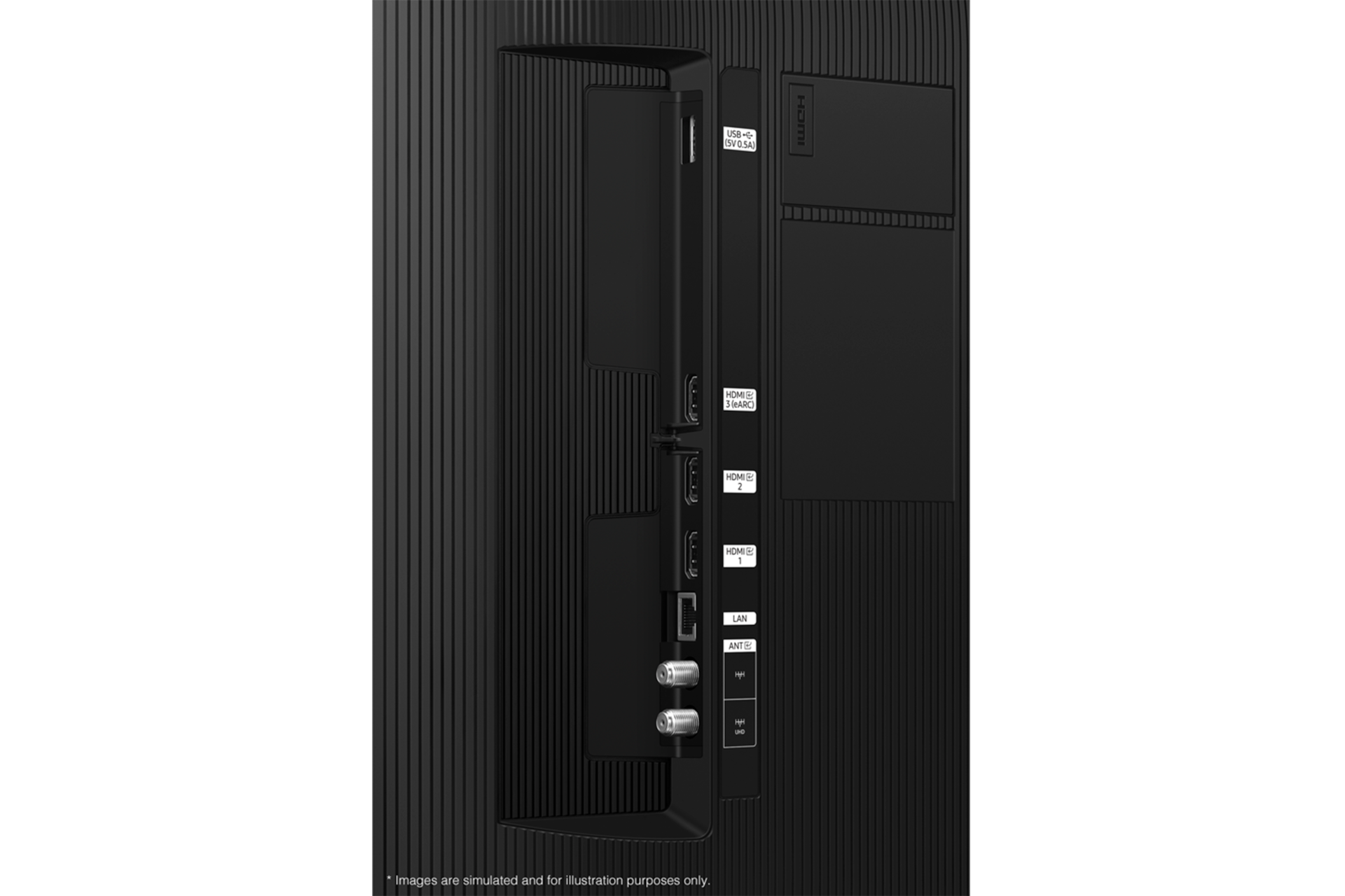 2025 QLED 4K QF7G (189cm) 다섯번째 이미지이며, TV 뒷면의 Jack port 부분이 보여지고 있습니다.