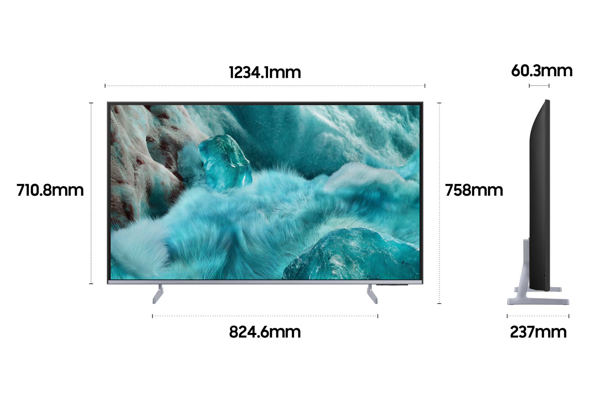 2025 QLED 4K QF7S (138cm) 두번째 이미지이며, TV의 상세사이즈가 기재되어 있습니다. 