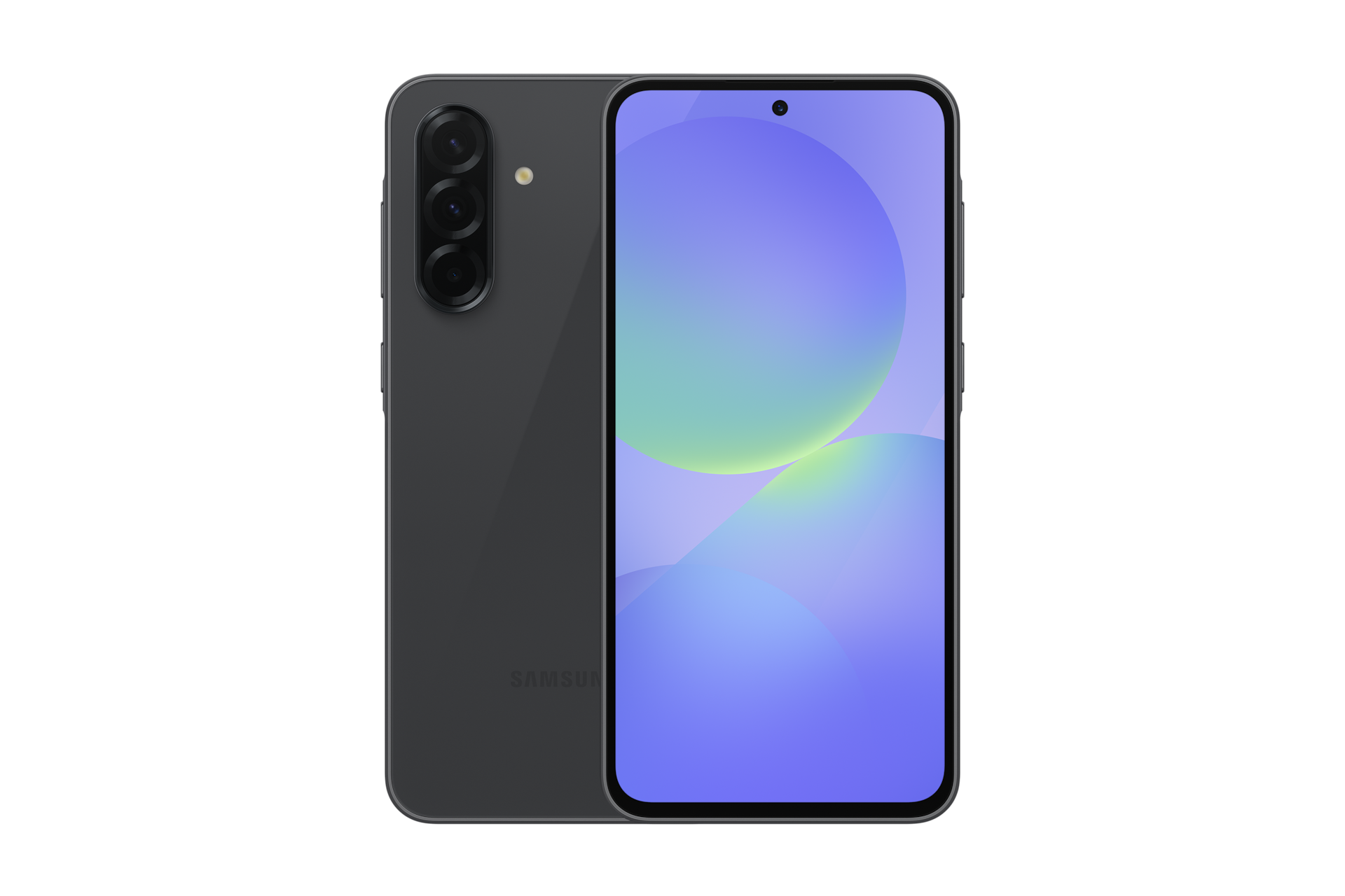 갤럭시 A36 5G 통신사폰 (SKT/KT/LG U+) 어썸 블랙 제품 2개가 나란히 포개져 있습니다. 왼쪽에는 카메라 홀이 보이는 뒷면 방향으로 오른쪽에는 메인 디스플레이가 보이는 정면 방향으로 제품이 놓여 있습니다.