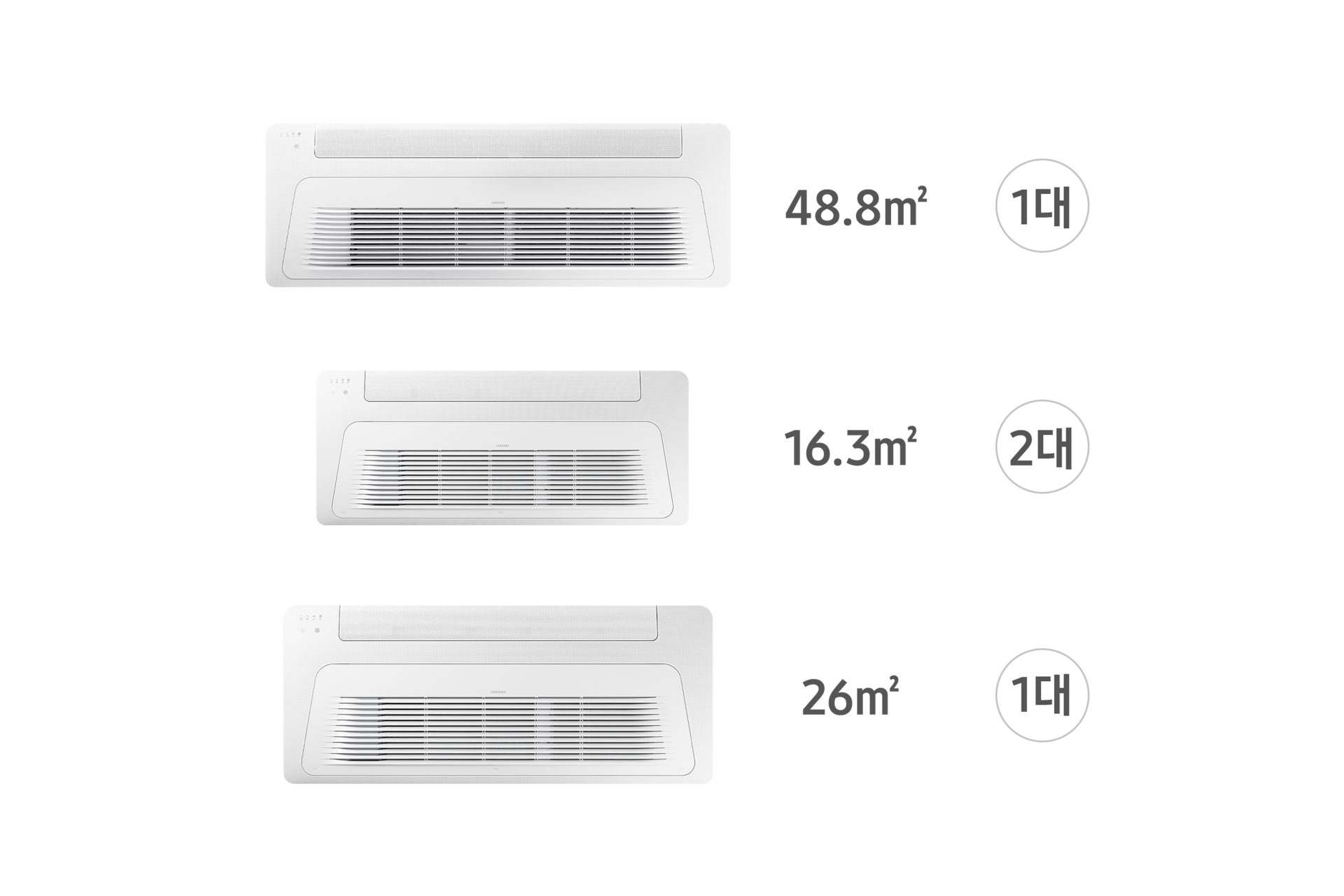 무풍 다배관 일반 107.4㎡ 4실 천장형 1Way 실내기 AJ060BN1PBC1 48.8㎡ 1대 AJ020BN1PBC1 16.3㎡ 2대 AJ032BN1PBC1 26㎡ 1대 전원이 꺼진 정면 컷