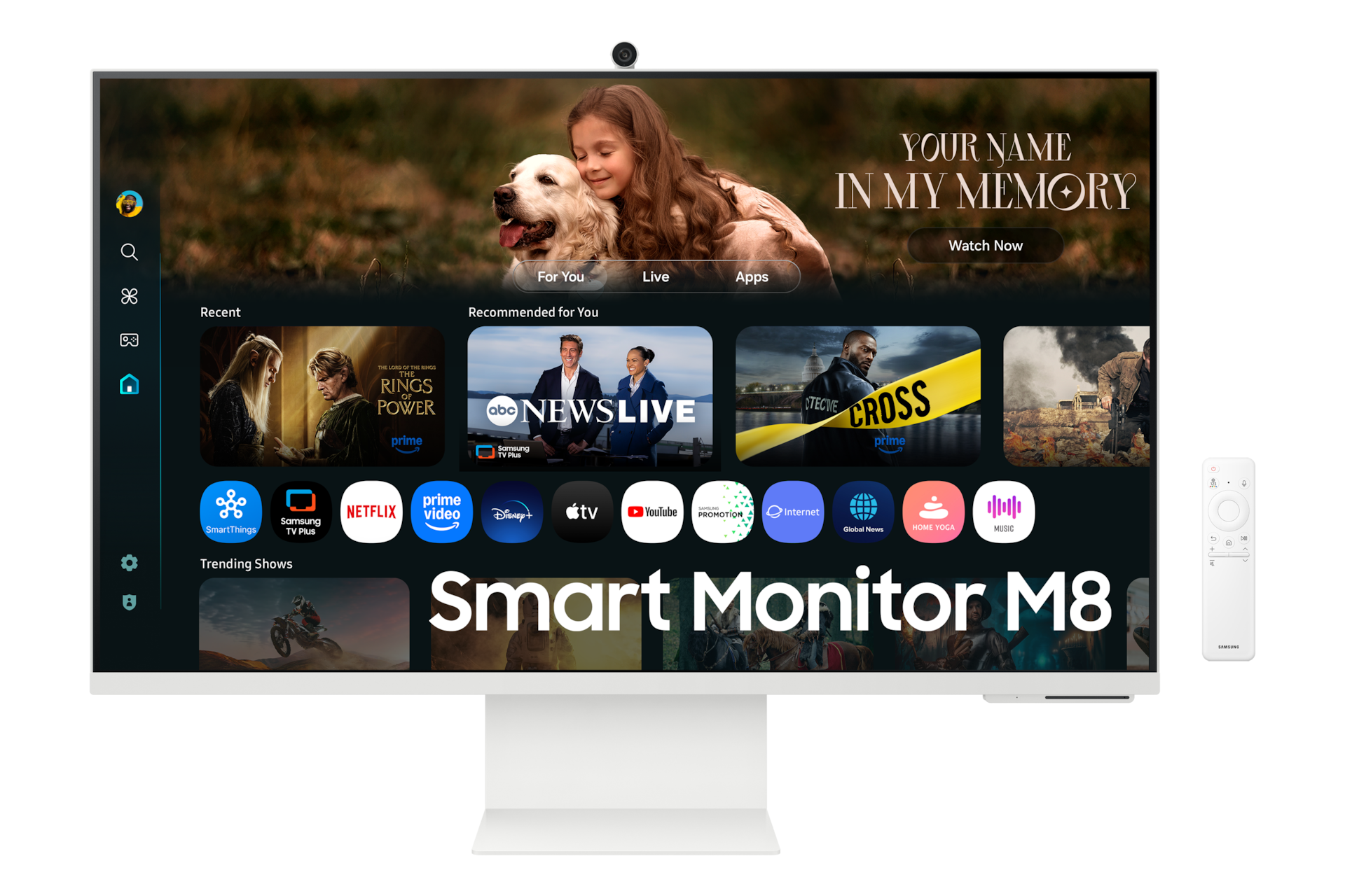 [32인치 삼성 스마트 모니터 M8의 전면입니다. 화면에 다양한 콘텐츠와 앱이 정렬된 스마트 TV 앱 페이지를 표시하고 있습니다. 모니터 옆에 리모컨이 있습니다.]