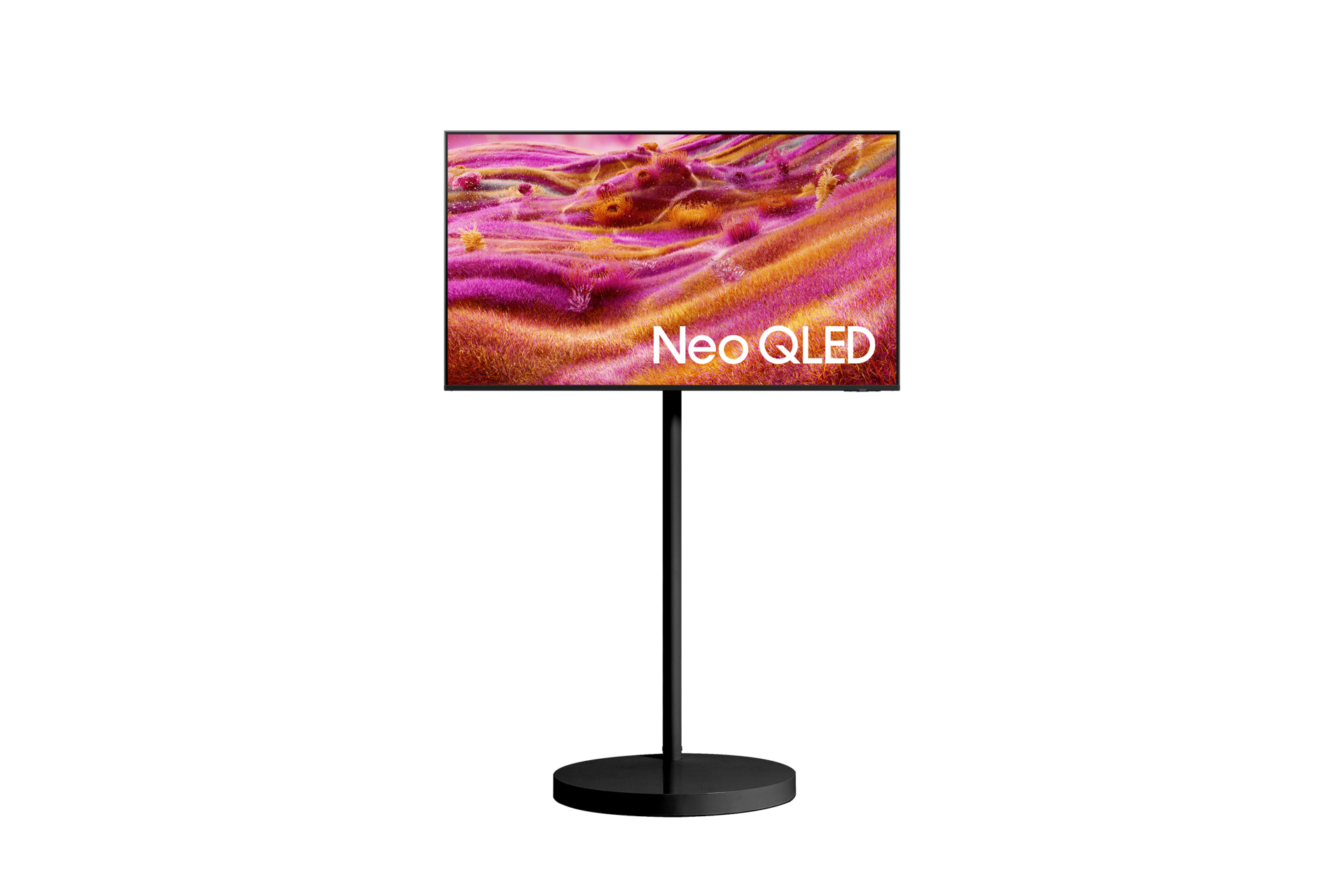 무빙스타일 Neo QLED (QNF90) (108cm) 라이트 대표 이미지이며, TV와 무빙스탠드가 결합되어 있습니다.