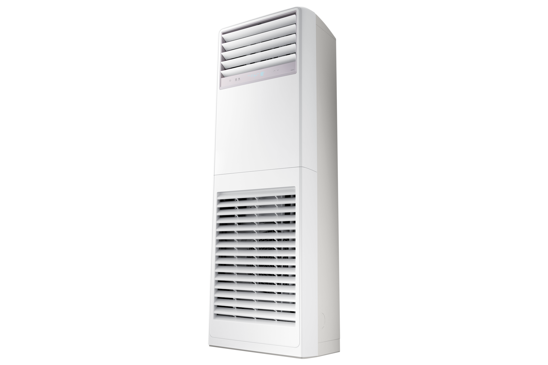 중대형 에어컨 냉난방 (1등급) 상업용 스탠드 에어컨 전원이 켜져 있는 아래서 위로 바라본 우측 15도 컷