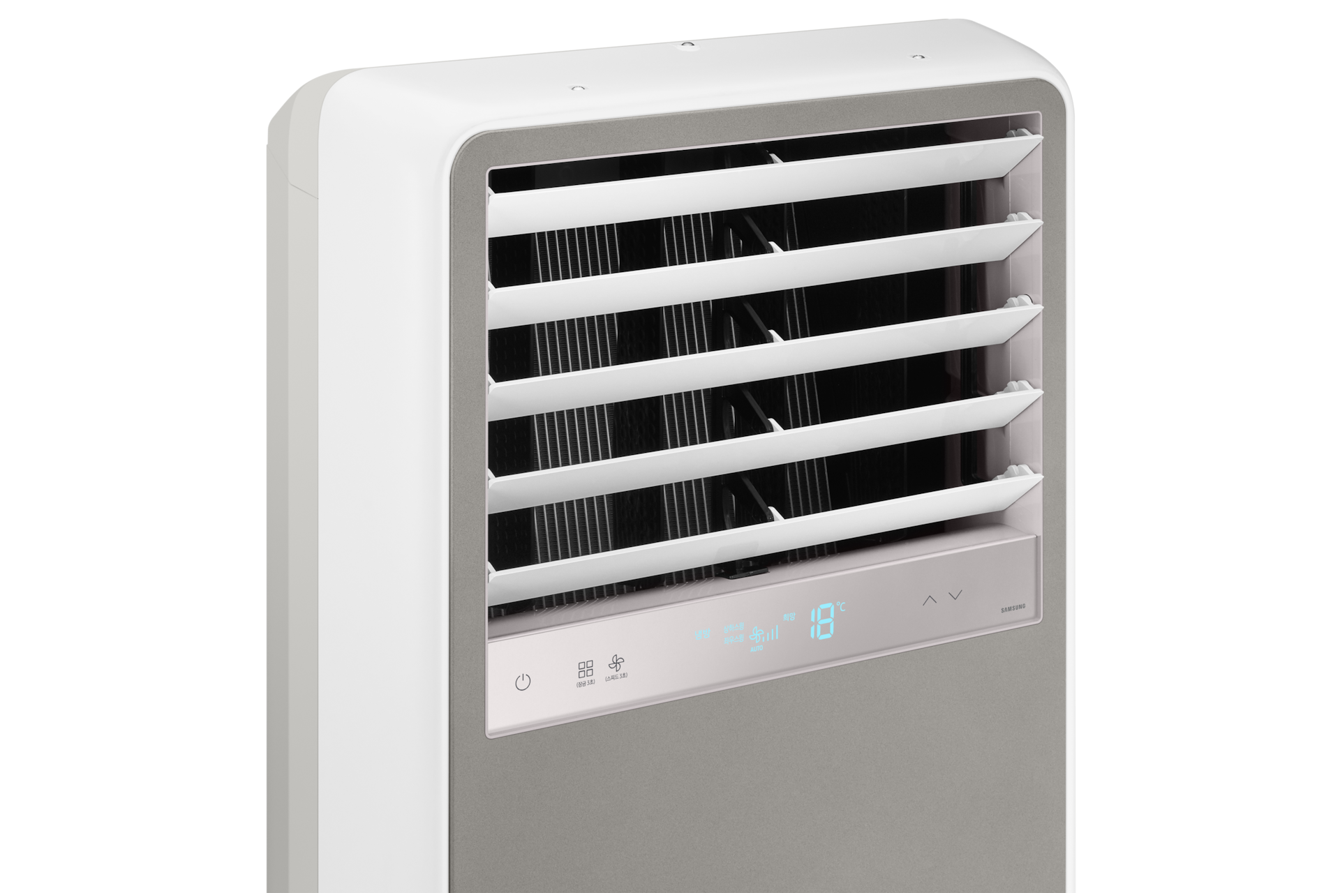 중대형 에어컨 Bespoke 냉난방 상업용 스탠드 에어컨 전원이 켜져 있는 좌측 45도 상단부 확대 컷