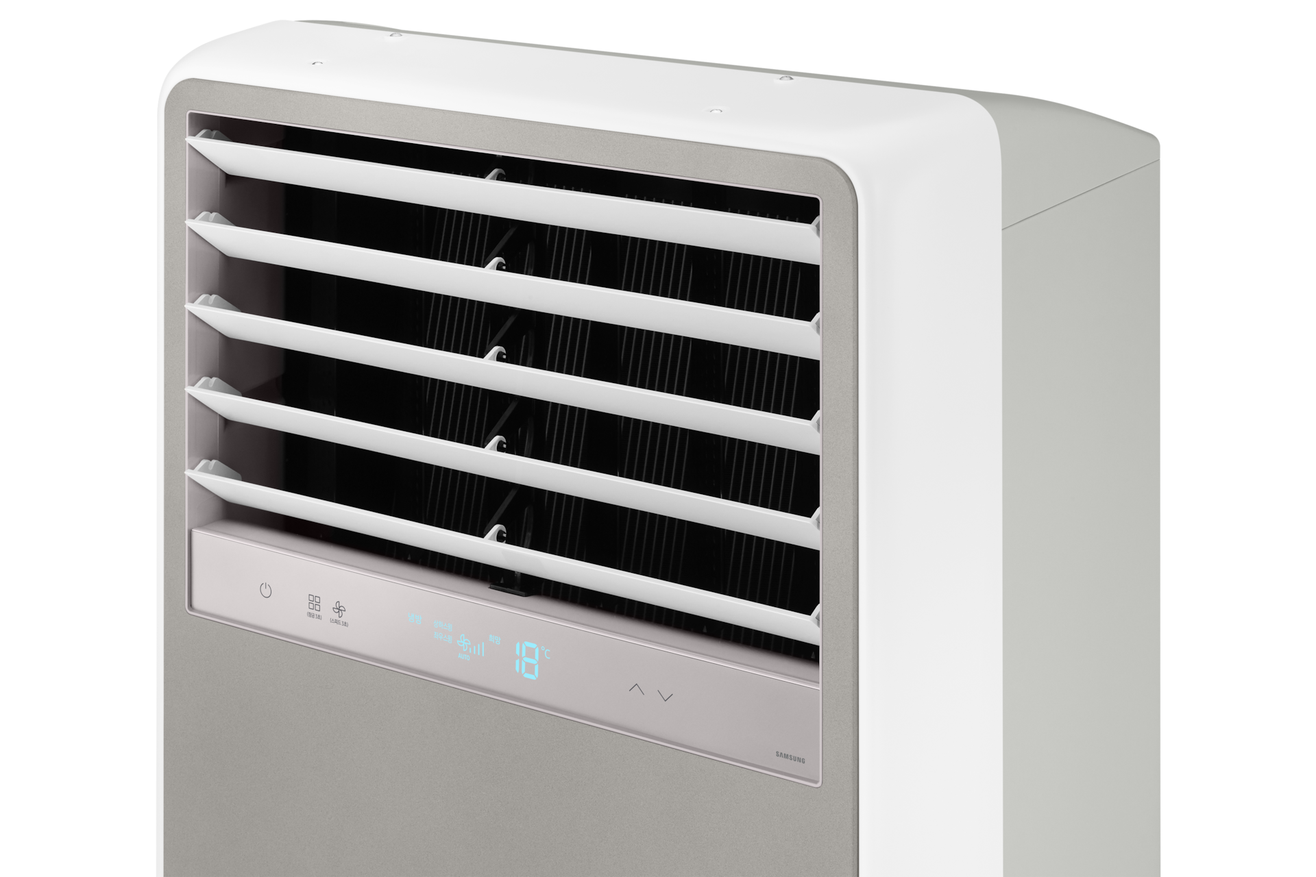 중대형 에어컨 Bespoke 냉난방 그레이 상업용 스탠드 에어컨 전원이 켜져 있는 우측 45도 상단부 확대 컷