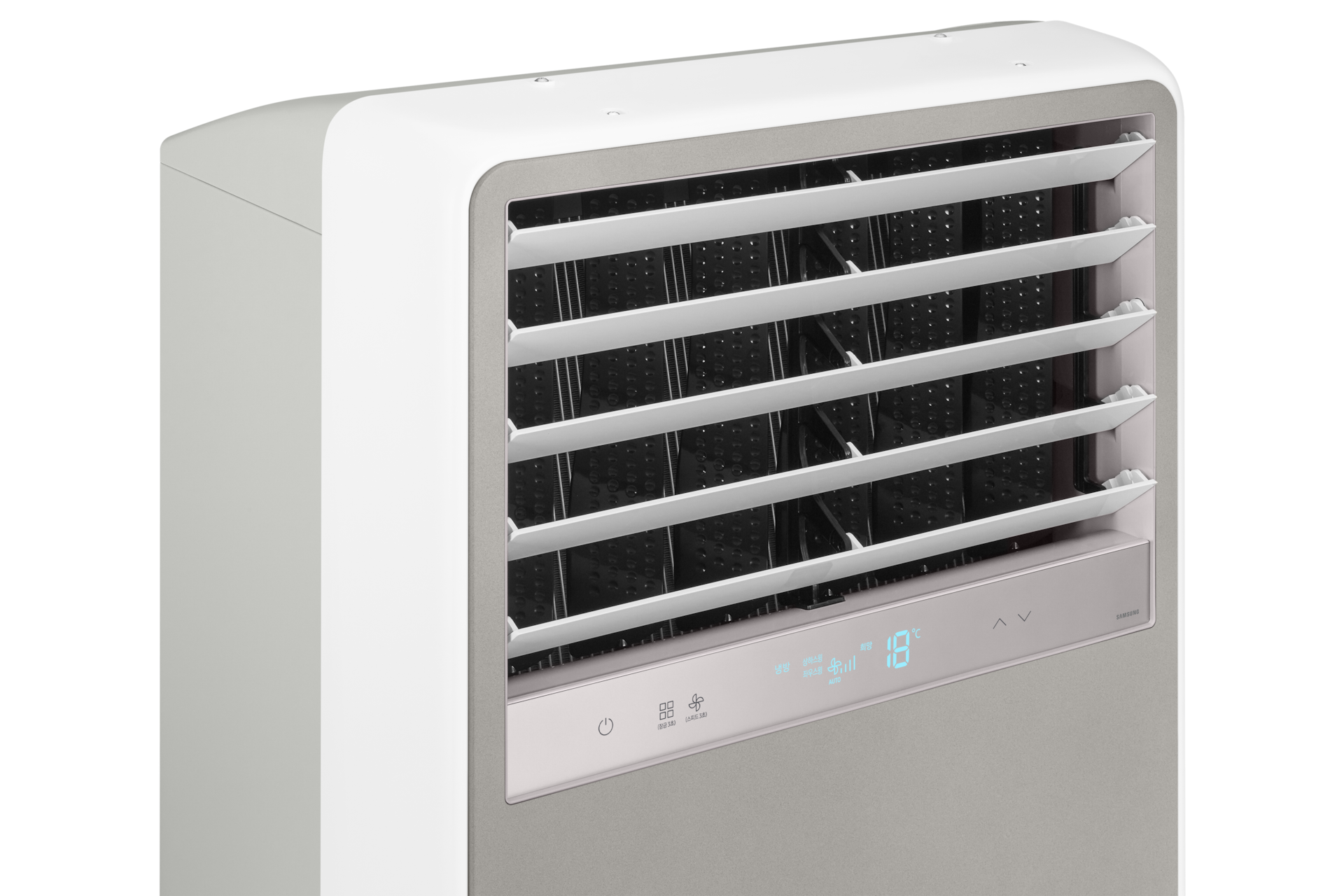 중대형 에어컨 Bespoke 냉난방 그레이 상업용 스탠드 에어컨 전원이 켜져 있는 좌측 45도 상단부 확대 컷