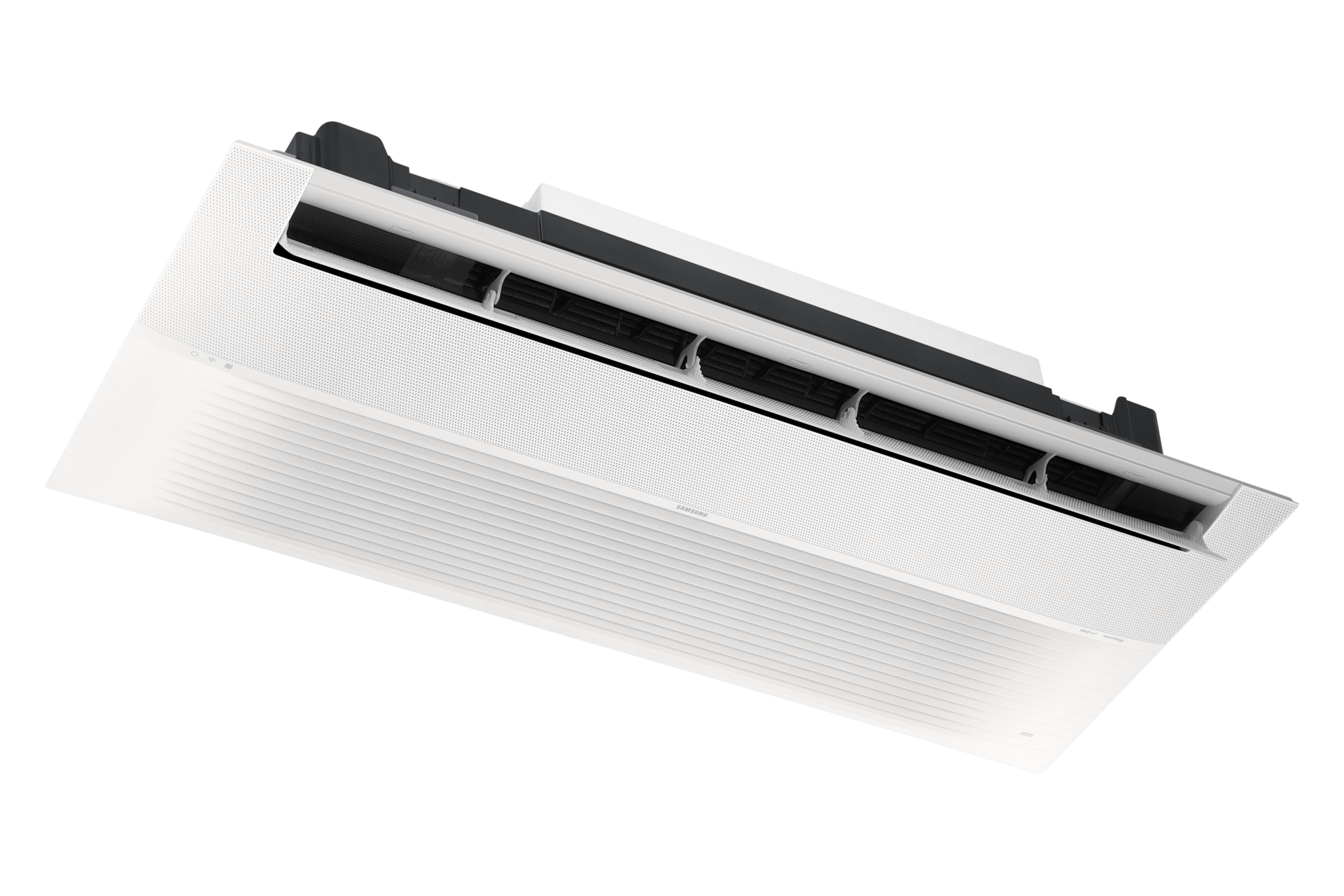 Infinite AI 무풍 시스템에어컨 116.2㎡ 4실 (UV실내기) 전원이 켜져 있는 천장형 인피니트 1way 실내기 좌측 15도