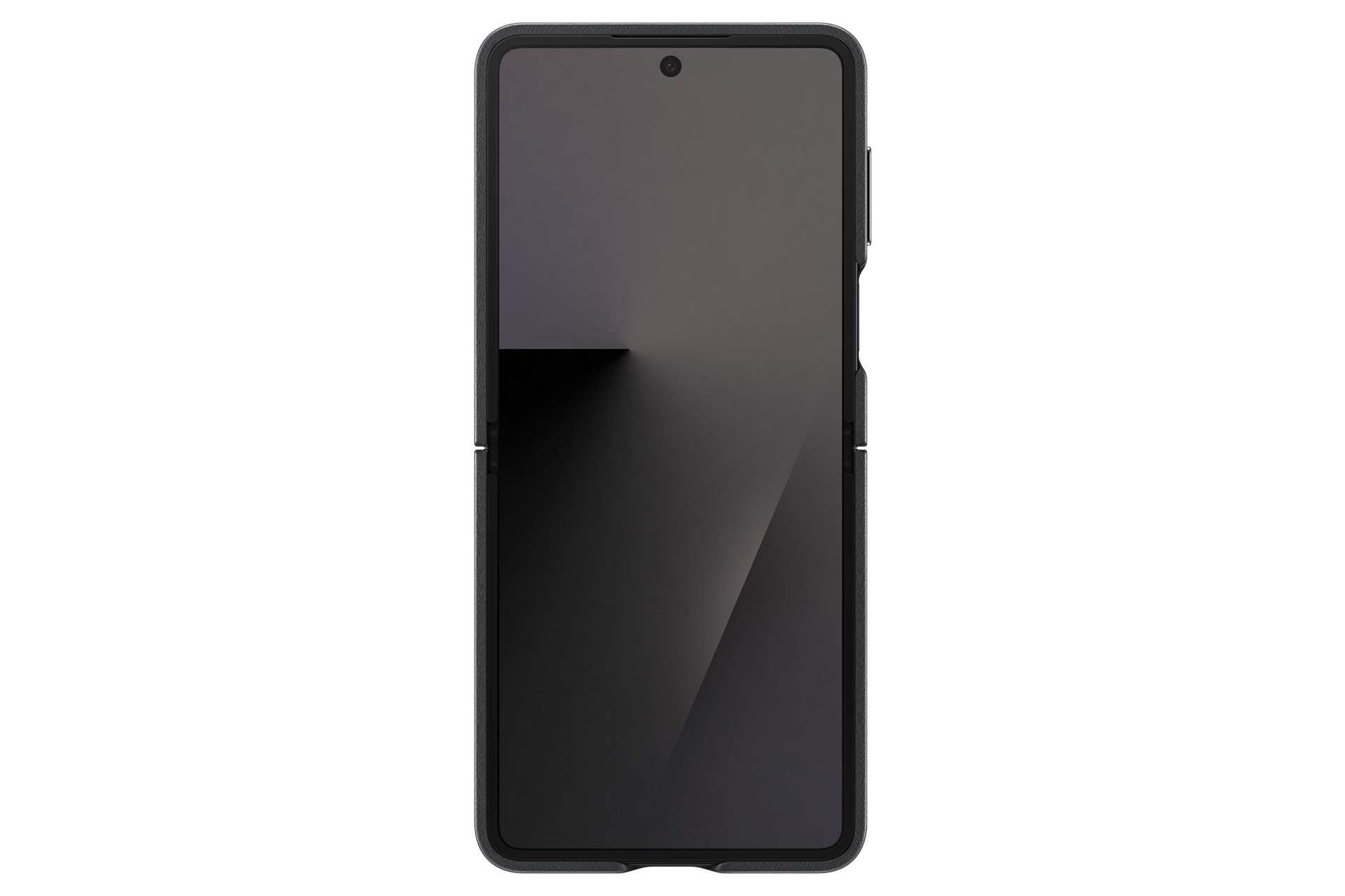 갤럭시 Z 플립7 카인드수트 케이스 (블랙) 제품에 장착된 플립이 펼쳐진 전면부 정면 이미지