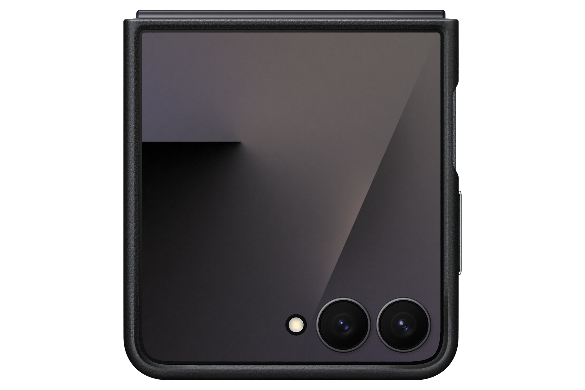 갤럭시 Z 플립7 카인드수트 케이스 (블랙) 제품에 장착된 플립이 접힌 후면부 디스플레이가 보이는 정면 이미지