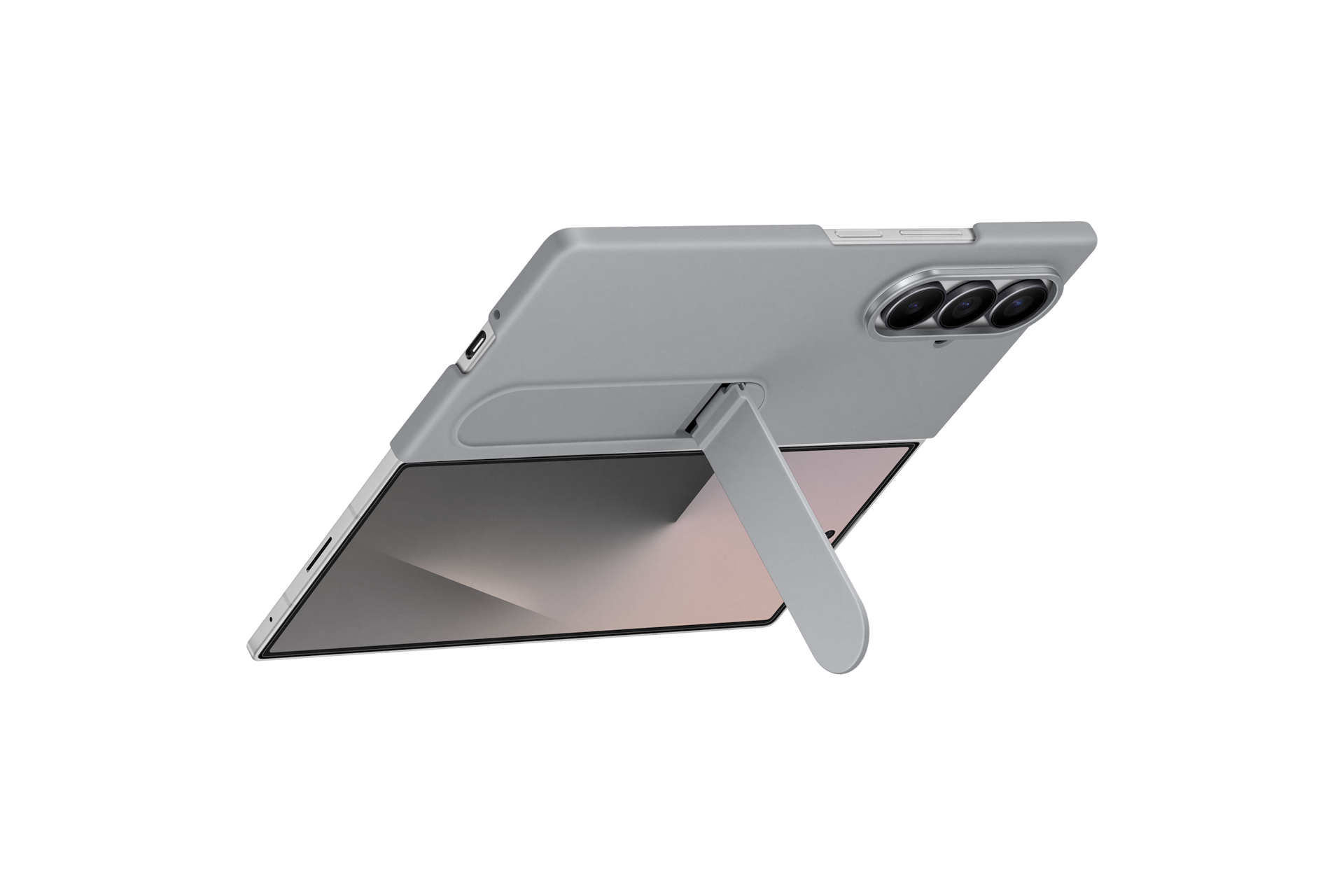 갤럭시 Z 폴드7 실리콘 케이스 with 스탠드 (그레이) 제품에 장착된 폴드가 스탠드를 사용해 가로로 세워져 있는 후면 이미지