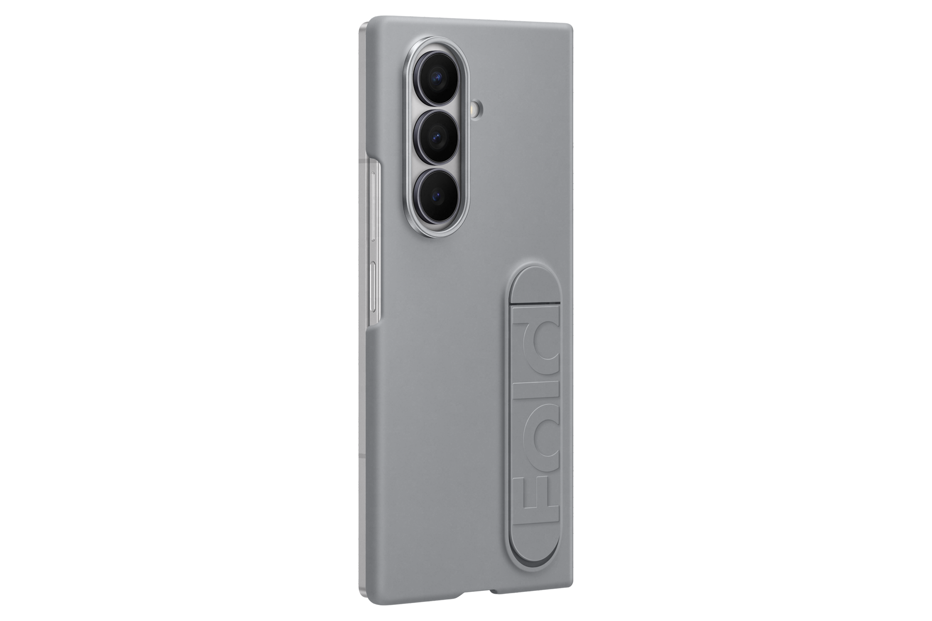 갤럭시 Z 폴드7 실리콘 케이스 with 스탠드 (그레이) 제품에 장착된 폴드가 펼쳐진 우측으로 45도 돌아간 후면 이미지