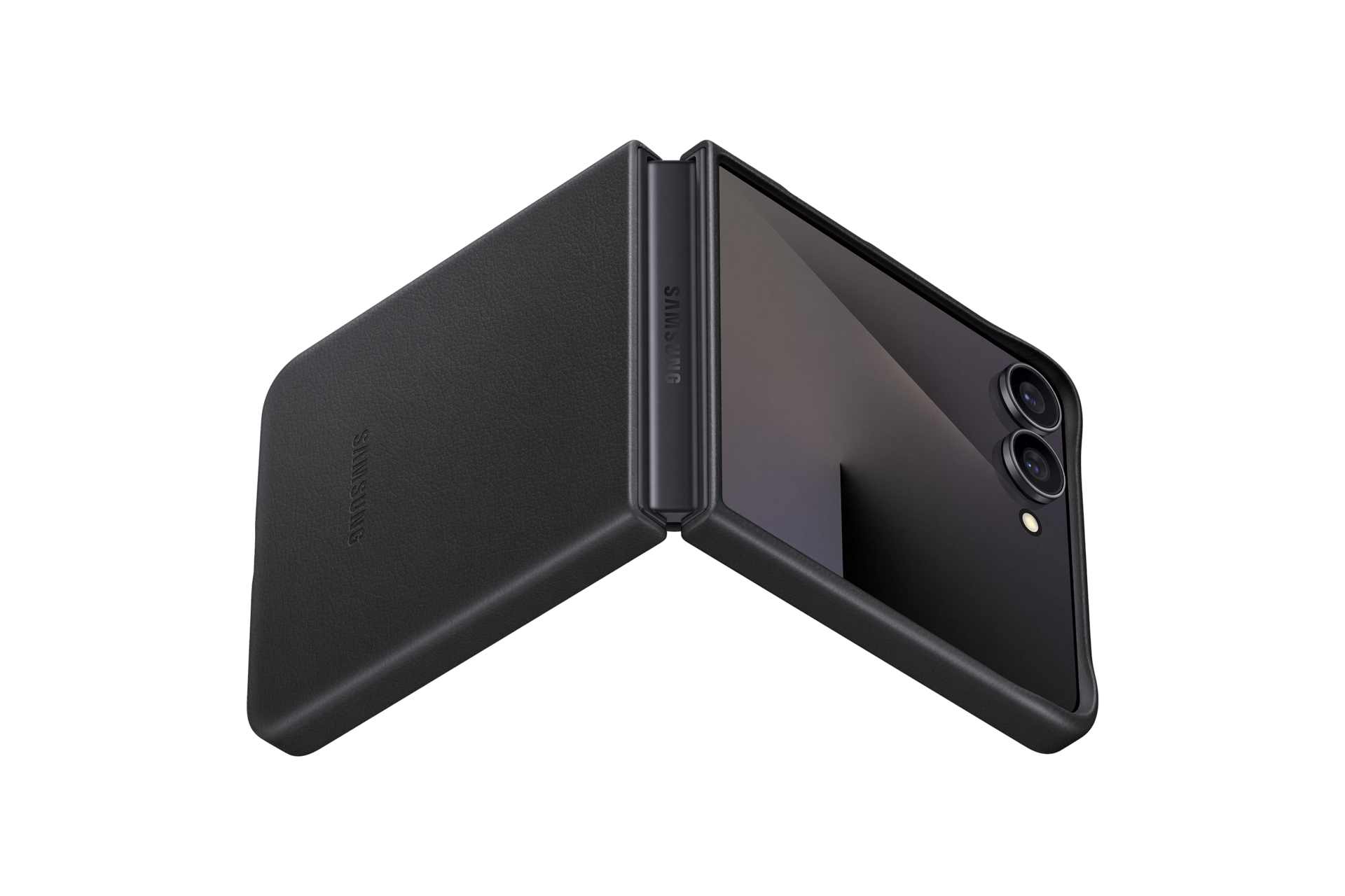 갤럭시 Z 플립7 카인드수트 케이스 (블랙) 제품이 장착된 플립이 45도 열린 가로로 있는 이미지