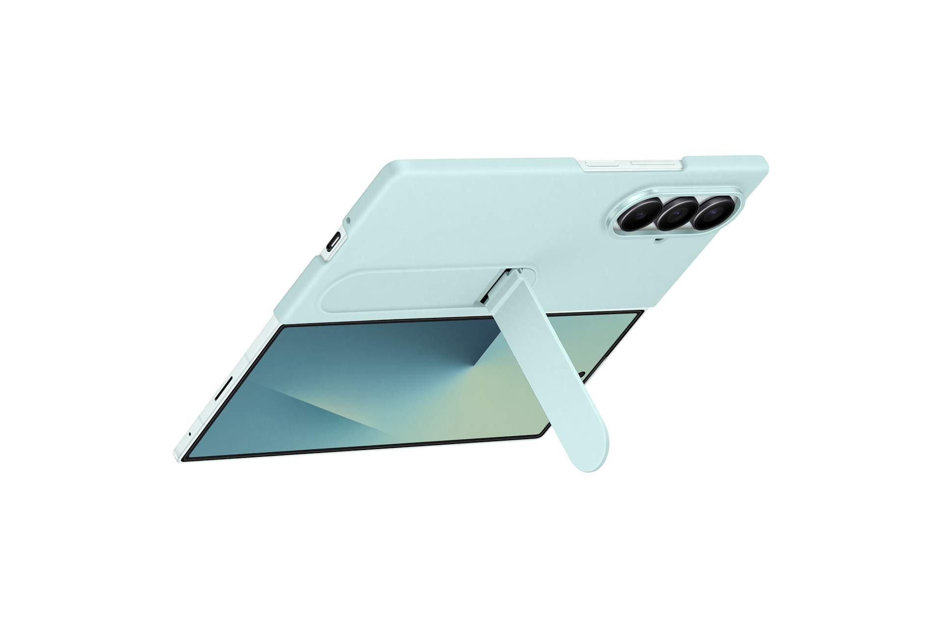 갤럭시 Z 폴드7 실리콘 케이스 with 스탠드 (민트) 제품에 장착된 폴드가 스탠드를 사용해 가로로 세워져 있는 후면 이미지