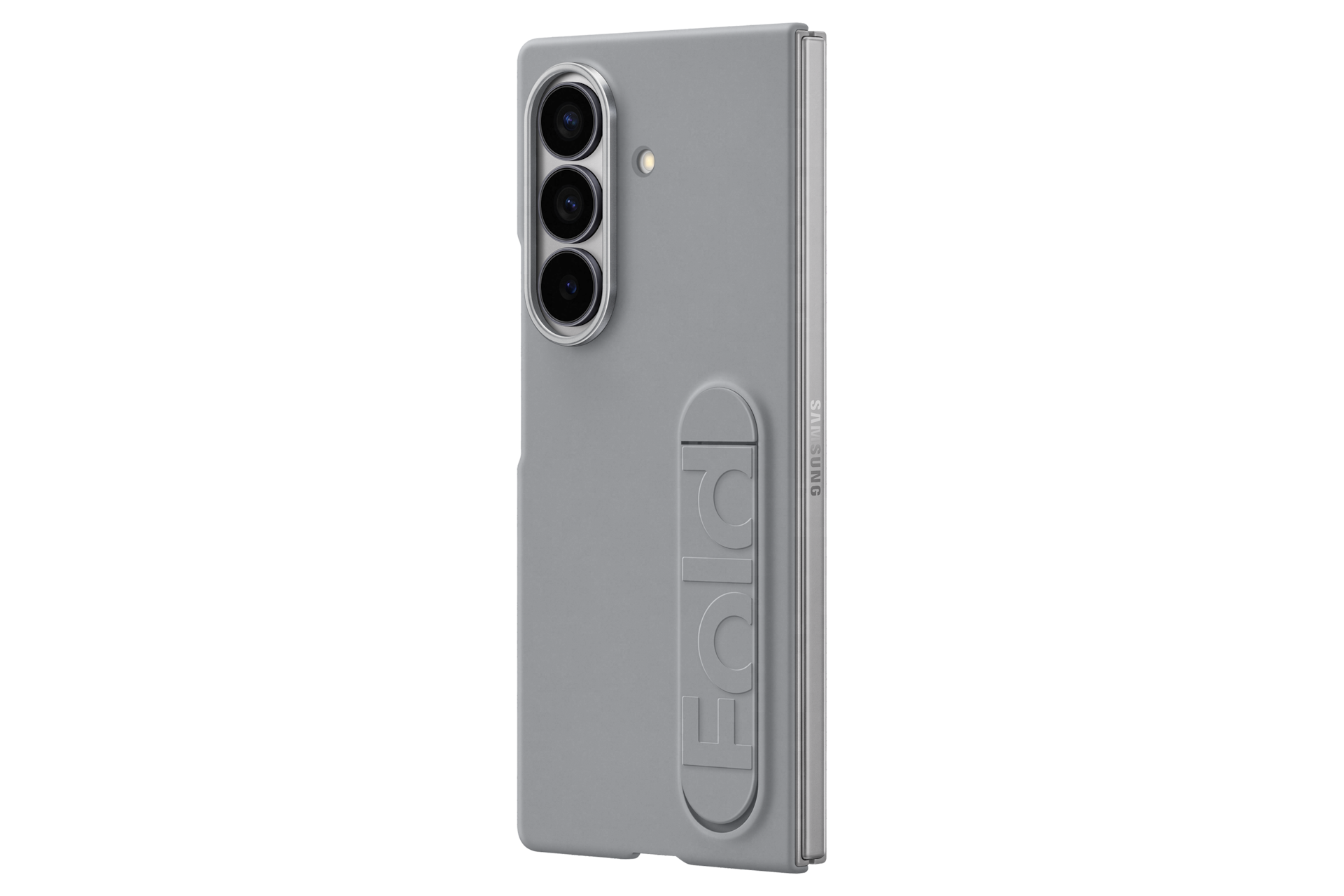 갤럭시 Z 폴드7 실리콘 케이스 with 스탠드 (그레이) 제품에 장착된 폴드가 펼쳐진 좌측으로 45도 돌아간 후면 이미지