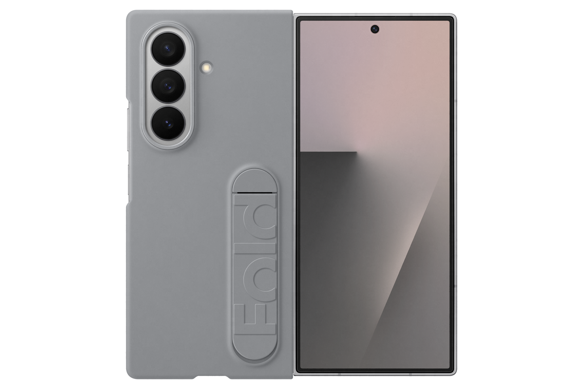 갤럭시 Z 폴드7 실리콘 케이스 with 스탠드 (그레이) 제품에 장착된 폴드가 펼쳐진 후면 이미지