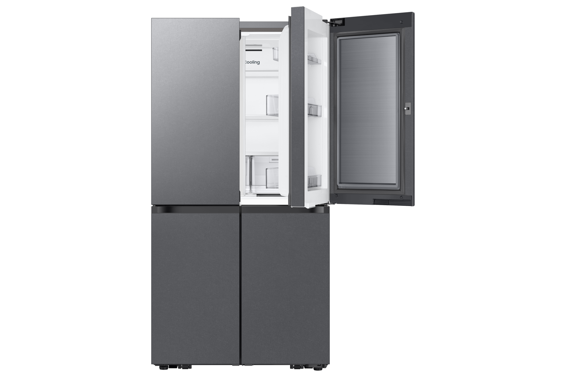 Bespoke AI 냉장고 4도어 902L 에센셜 다크 메탈 우측 상칸 쇼케이스 오픈