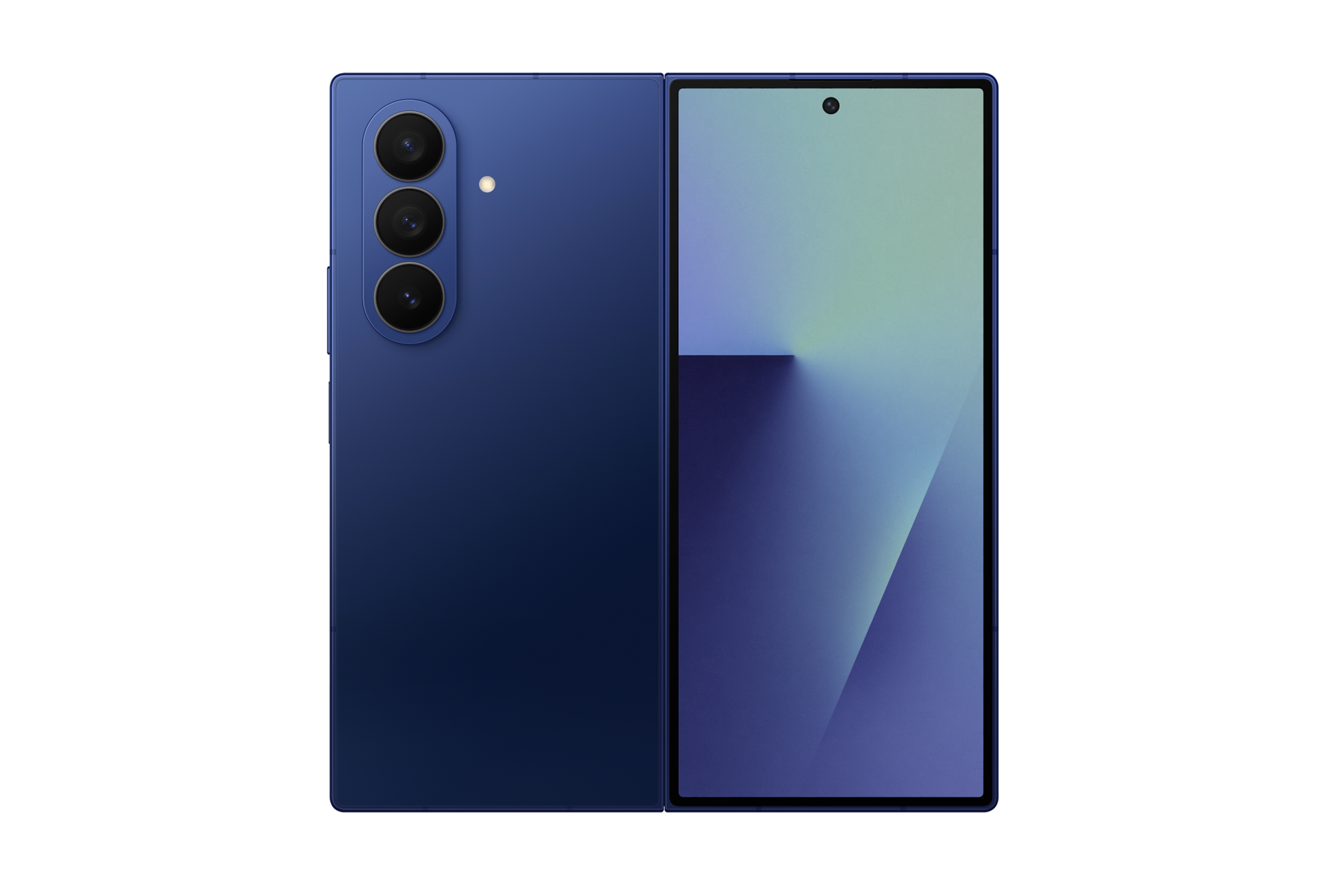 갤럭시 Z 폴드7 자급제 블루 쉐도우 완전히 펼쳐진 상태로 좌측 카메라 홀과 우측 외부 디스플레이가 보이는 뒷면 