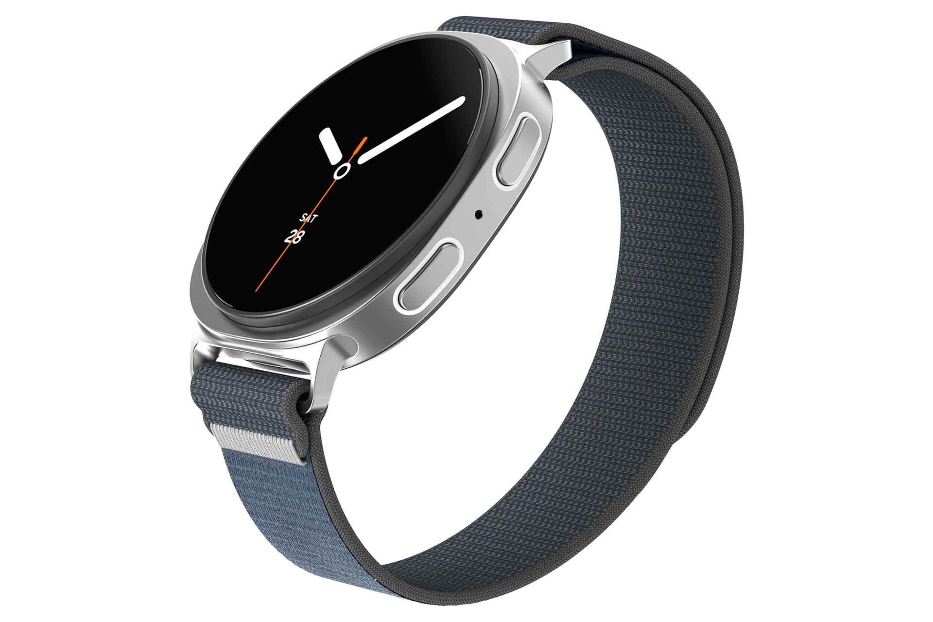 갤럭시 워치8 시리즈 벨크로 밴드 (네이비) 기기와 체결된 좌측으로 45도 돌아간 정면 이미지