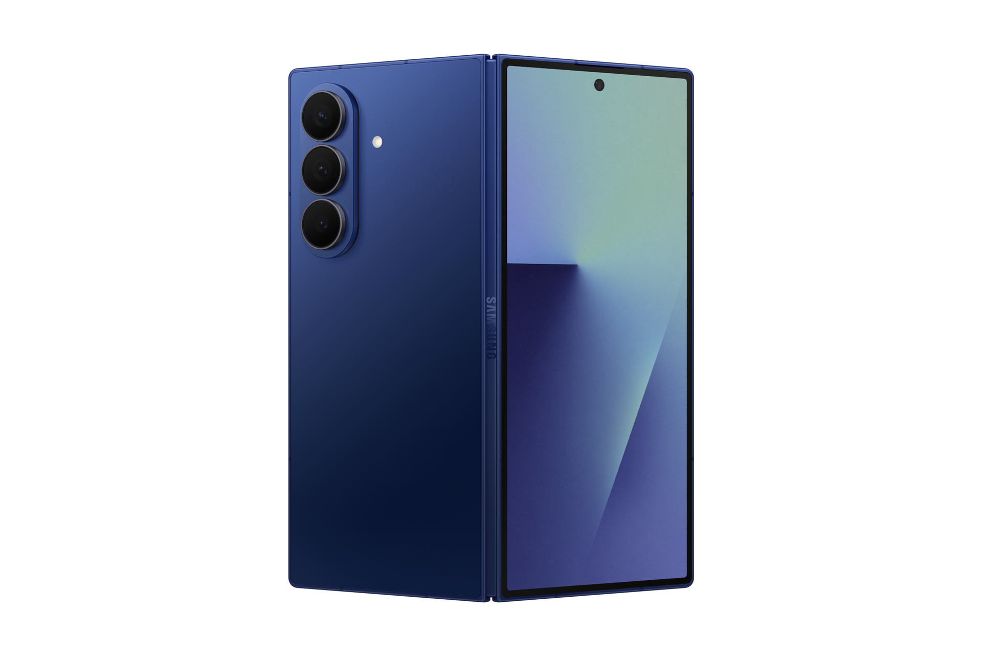 갤럭시 Z 폴드7 자급제 블루 쉐도우 160도 정도 펼쳐진 상태로 외부 디스플레이와 카메라 홀이 보이는 뒷면 
