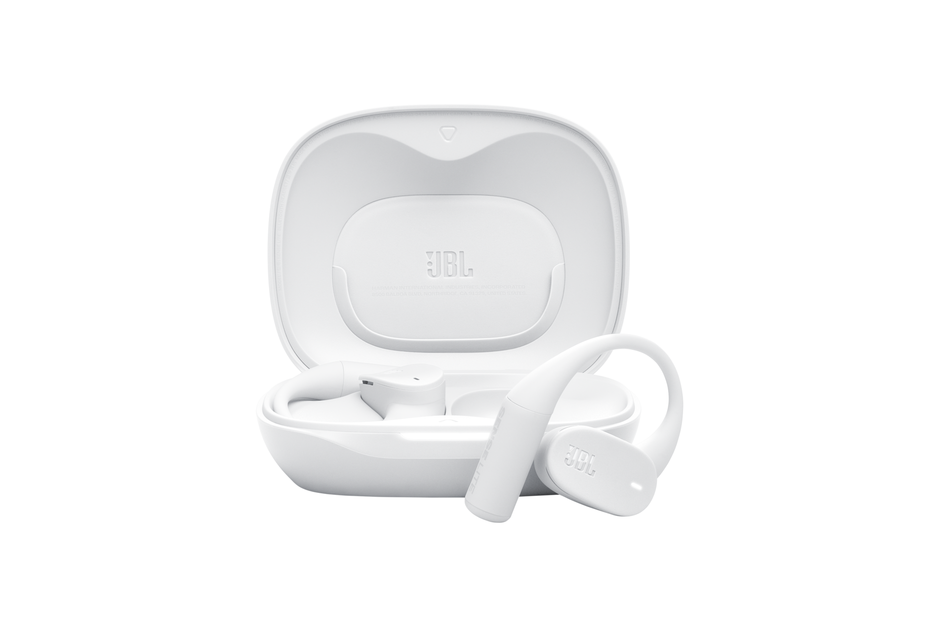 JBL Sense Lite 오픈-이어 블루투스 이어폰 화이트 케이스가 열려 있으머 우측 이어버드가 케이스 밖으로 나와 있는 이미지