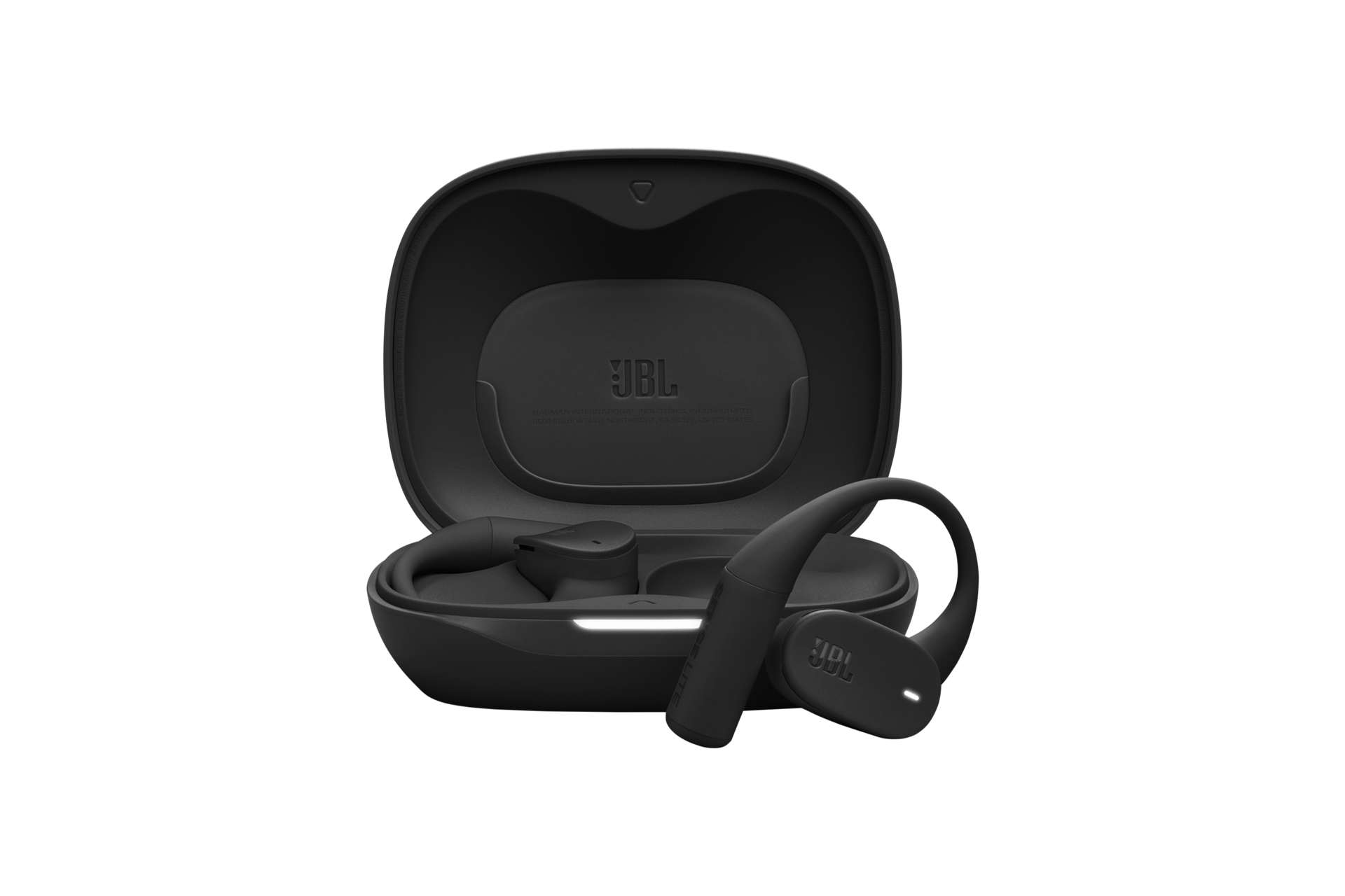 JBL Sense Lite 오픈-이어 블루투스 이어폰 블랙 케이스가 열려 있으머 우측 이어버드가 케이스 밖으로 나와 있는 이미지