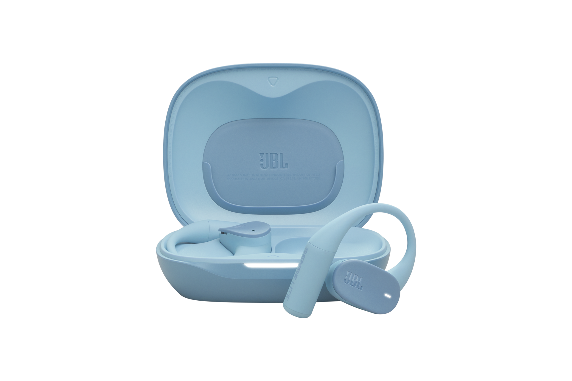 JBL Sense Lite 오픈-이어 블루투스 이어폰 블루 케이스가 열려 있으머 우측 이어버드가 케이스 밖으로 나와 있는 이미지