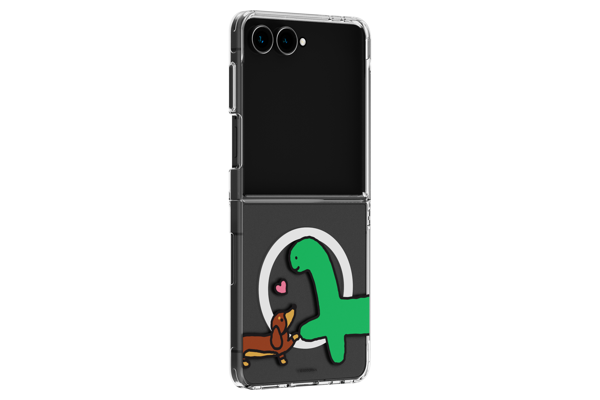 갤럭시 Z 플립7 버라이어티 마그넷 케이스 (조구만, 브라키오&우디) (그린) 기기에 장착된 우측으로 45도 돌아간 후면