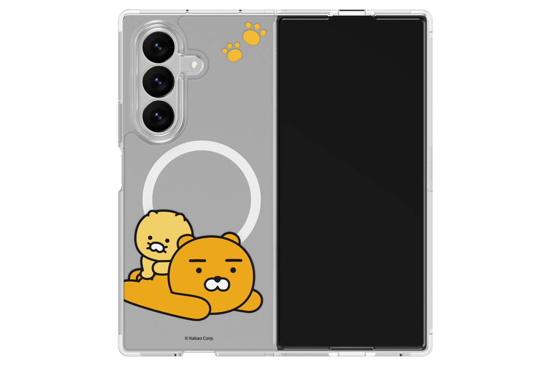 갤럭시 Z 폴드7 버라이어티 마그넷 케이스 (카카오프렌즈, 춘식&라이언) (옐로우) 폴드가 펼쳐진 후면 이미지