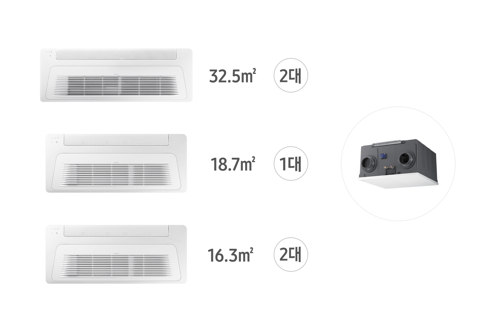 가정용 무풍 시스템에어컨 116.3㎡ 5실 + Bespoke AI 에어 콤보 (좌타입) AJ040BN1PBC1 32.5㎡ 2대, AJ023BN1PBC1 18.7㎡ 1대, AJ020BN1PBC1 16.3㎡ 2대 전원이 꺼져 있는 천장형 가정용 1way 실내기 정면 리스트 좌측 에어 콤보 우측 15도컷