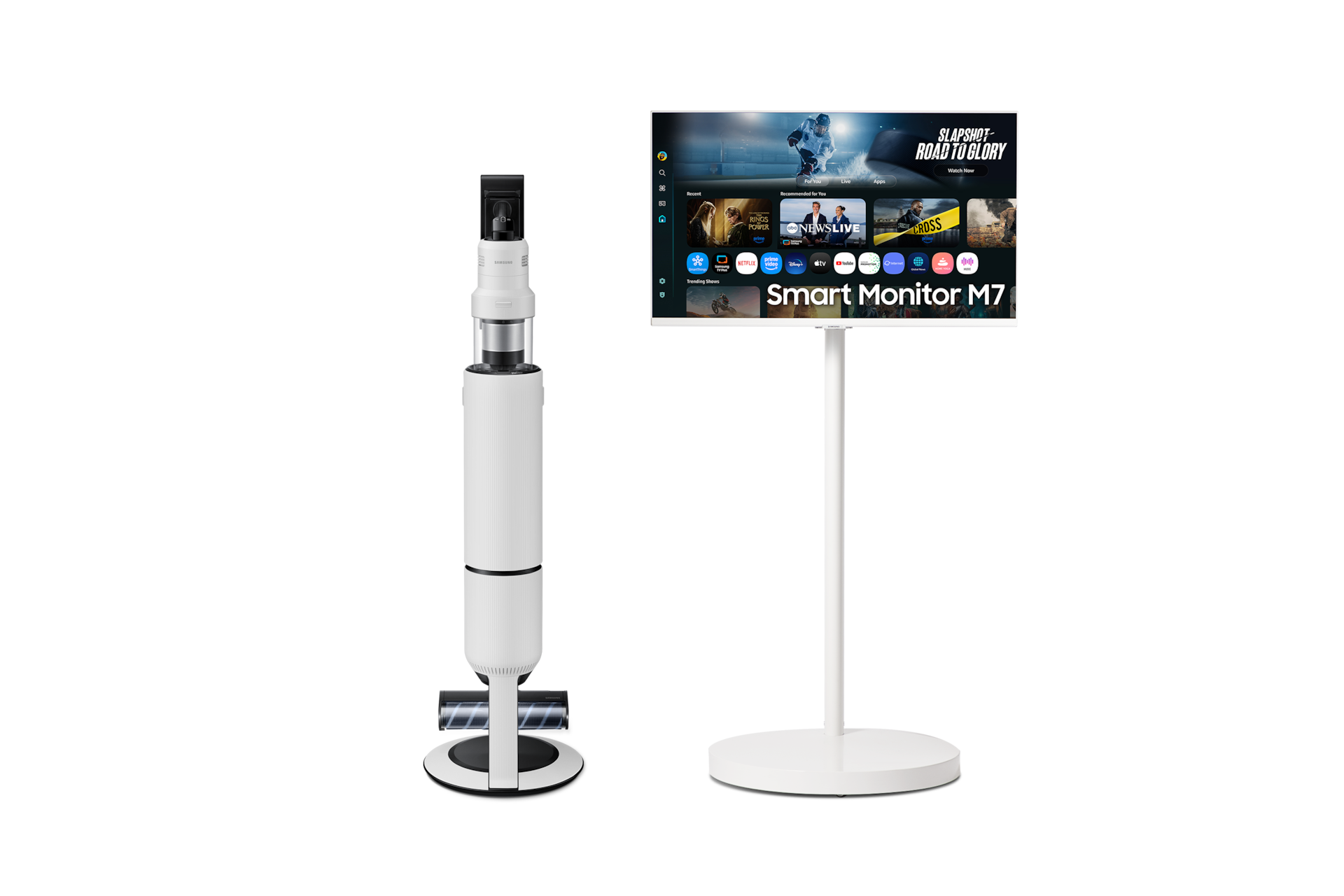 Bespoke AI 제트 400W 펫브러시 패키지 새틴 그레이지 청정스테이션에 결합된 정면 + 2025 무빙스타일 M7 (80cm) 스탠다드 화이트 모니터와 스탠드가 결합된 정면