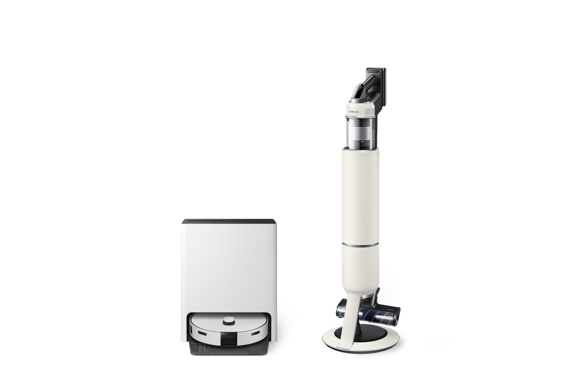 Bespoke AI 스팀 새틴 그레이지 정면 + Bespoke AI 제트 Lite 고온 세척 브러시 패키지 산토리니 베이지 청정스테이션에 결합된 오른쪽 측면