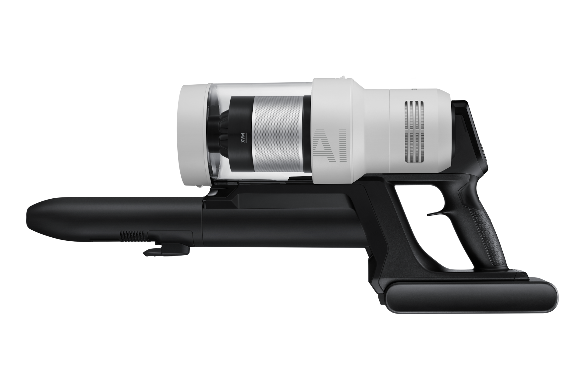 Bespoke AI 제트용 에어 블로워 (블랙) 청소기에 장착 후 바닥에 눕힌 오른쪽 측면