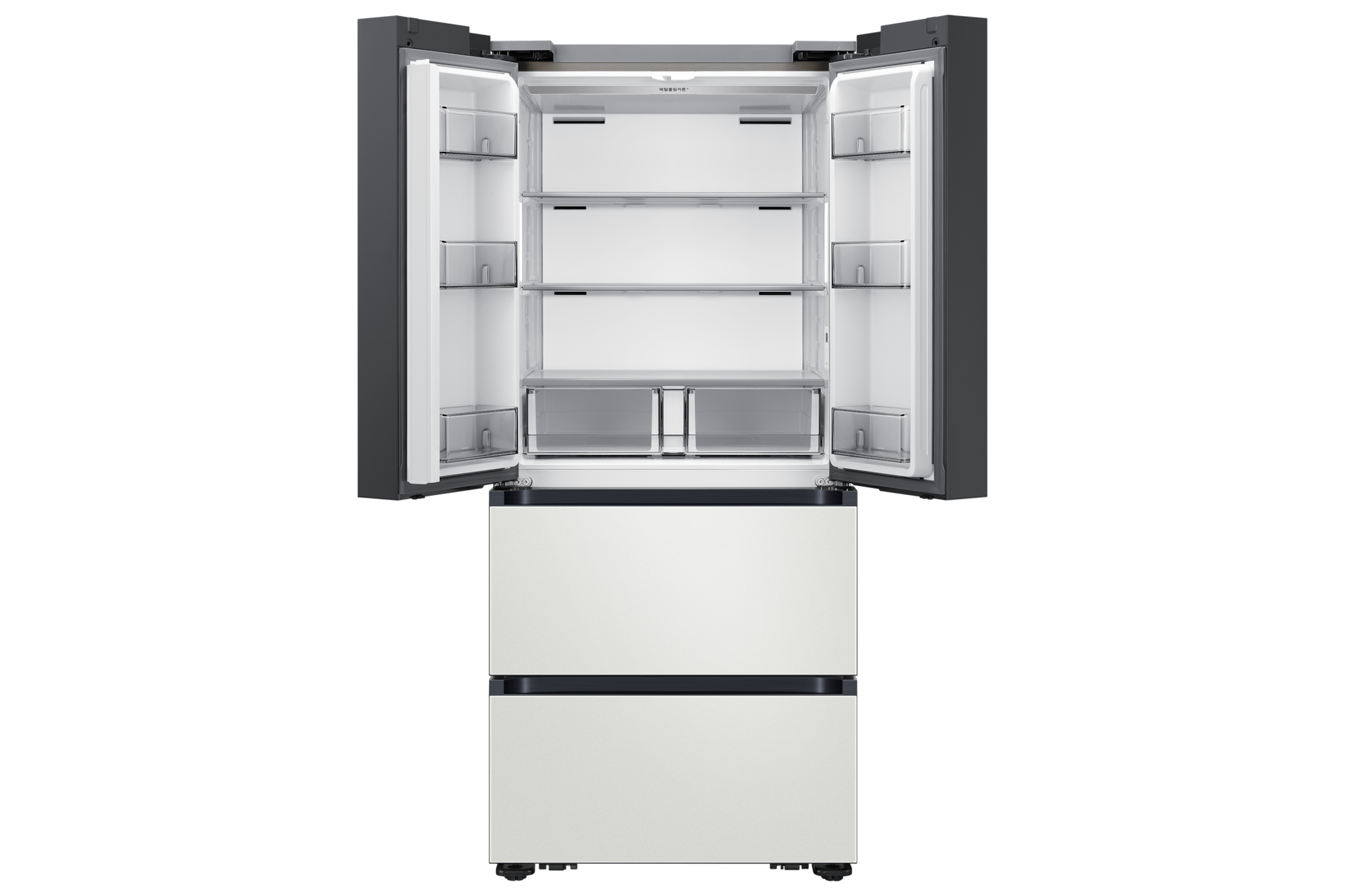 Bespoke AI 김치플러스 4도어 490L 코타 화이트 정면, 상칸 도어 열림