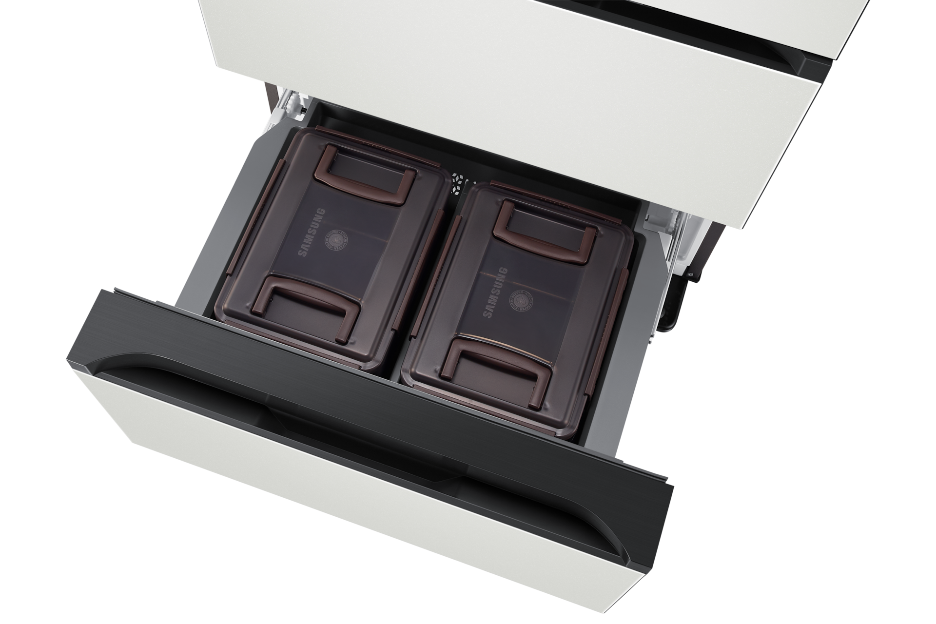 Bespoke AI 김치플러스 4도어 490L 코타 화이트 정면 하칸 슬라이드 아웃, 윗면 시점