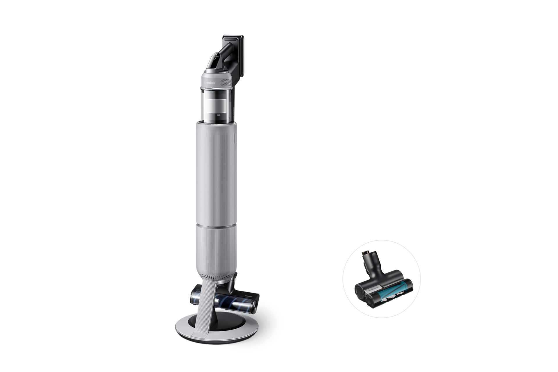 Bespoke AI 제트 Lite 고온 세척 브러시 패키지 페블 그레이 청정스테이션에 결합된 오른쪽 측면 + Bespoke 제트용 침구 브러시 왼쪽 측면