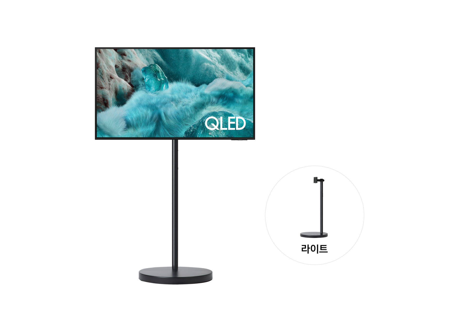 2025 QLED 4K QF7A (138cm) TV가 라이트 무빙스탠드에 설치되어 있습니다. 