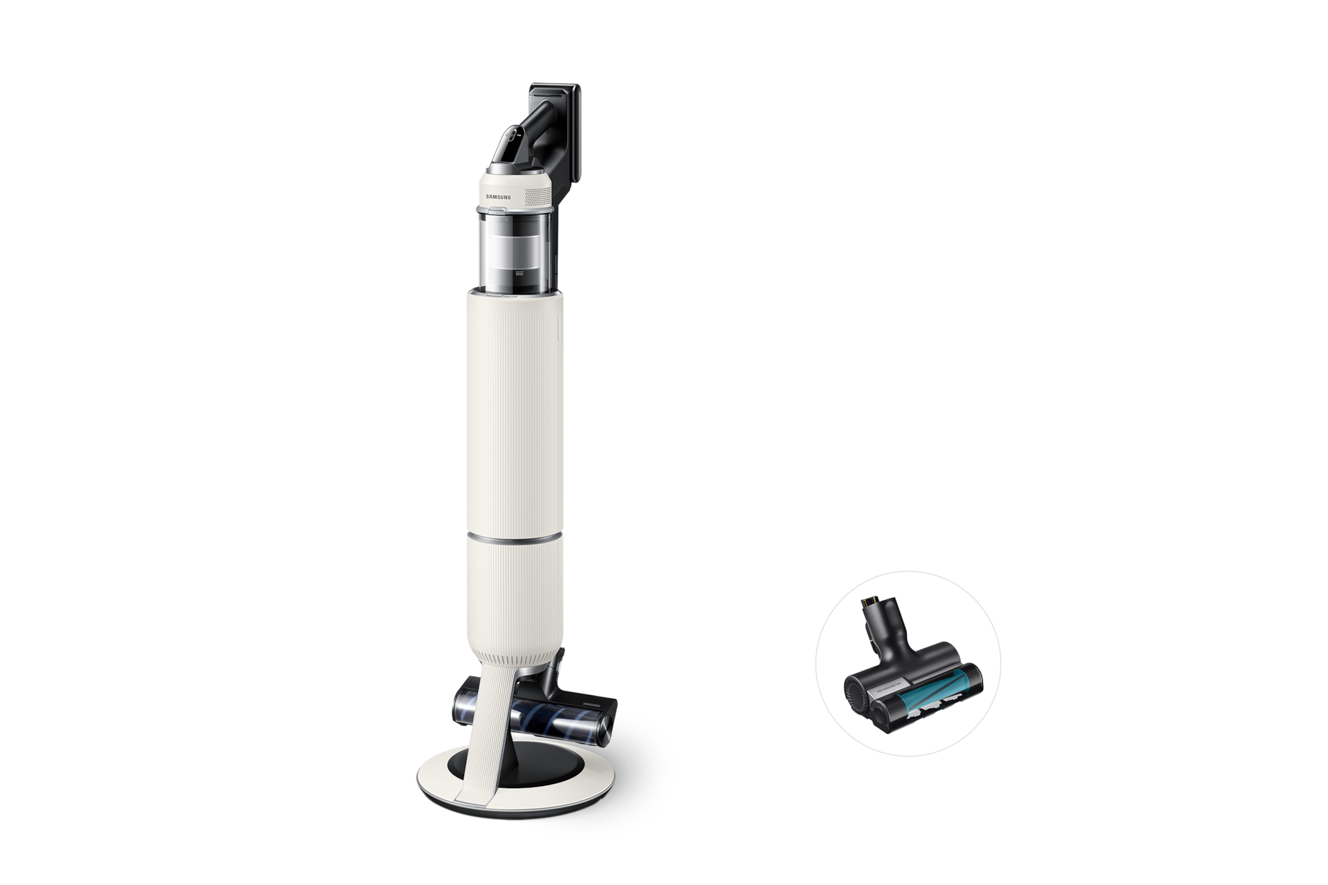 Bespoke AI 제트 Lite 물걸레 브러시 패키지 산토리니 베이지 청정스테이션에 결합된 오른쪽 측면 +Bespoke 제트용 침구브러시 산토리니 베이지 첫번째 이미지