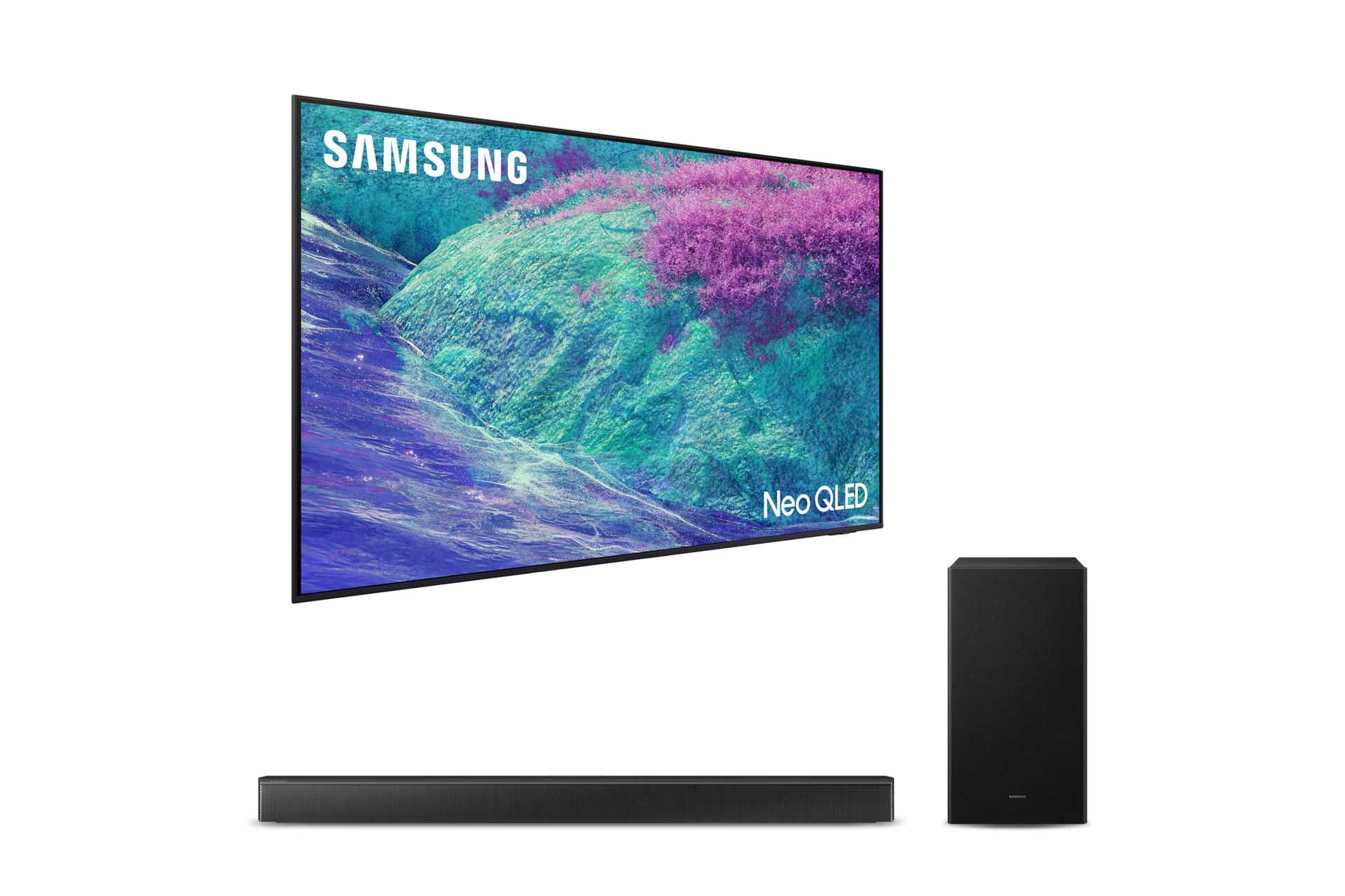 벽걸이형 TV와 사운드바, 우퍼가 보입니다.