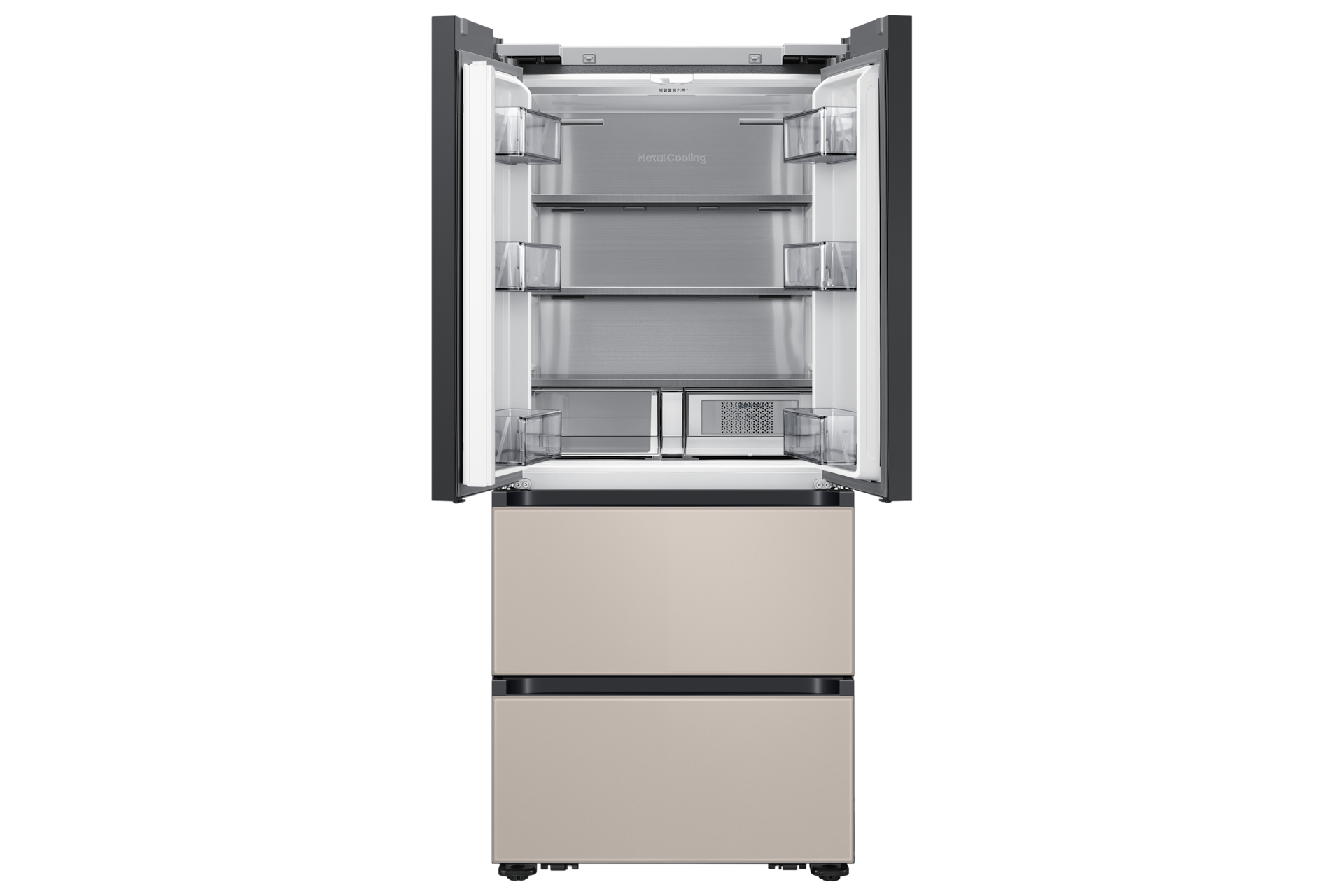 Bespoke AI 김치플러스 4도어 키친핏 Max 418L (맞춤숙성실), 상칸 새틴 화이트 / 중·하칸 새틴 베이지 정면, 상칸 도어 열림