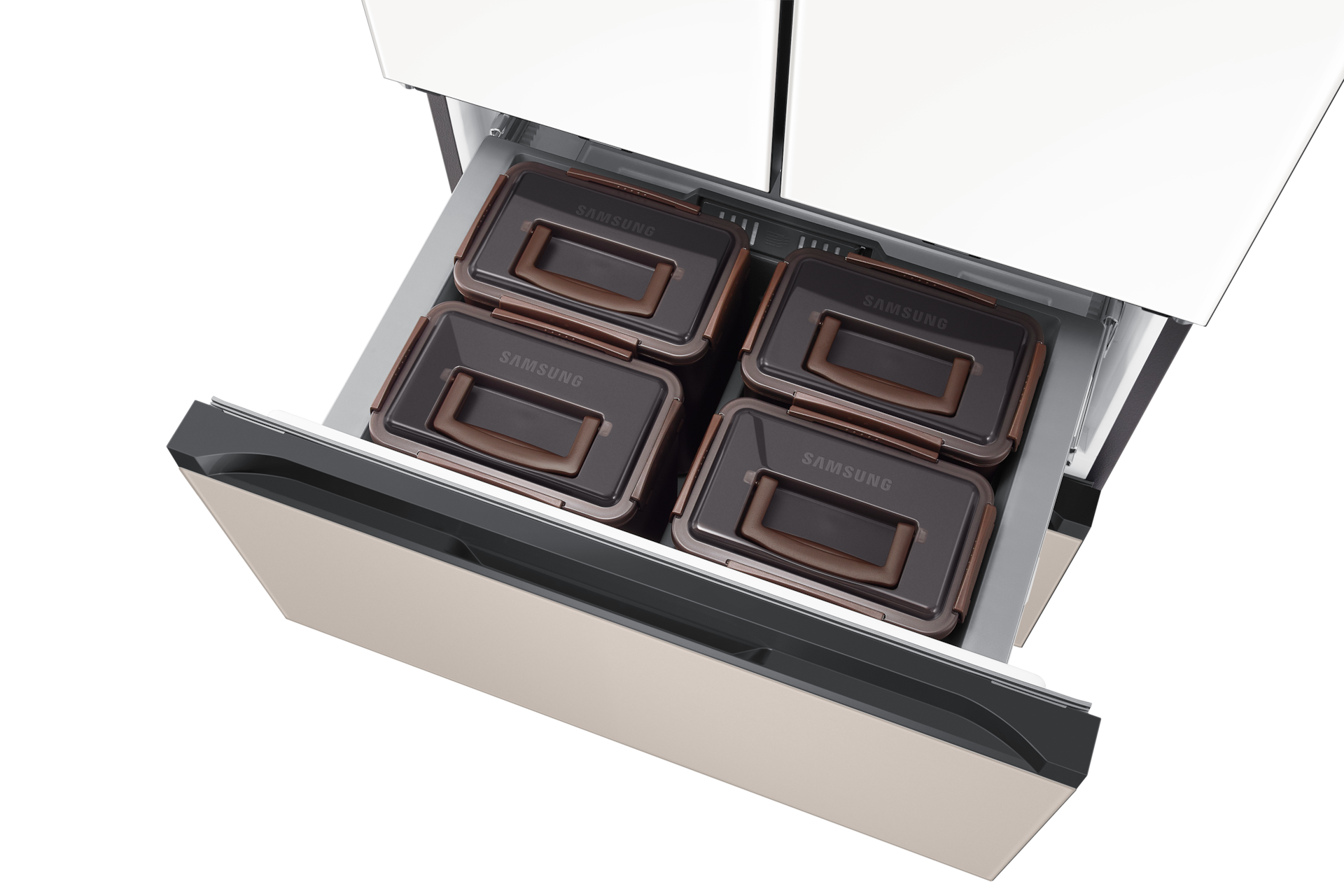 Bespoke AI 김치플러스 4도어 키친핏 Max 418L (맞춤숙성실), 상칸 새틴 화이트 / 중·하칸 새틴 베이지 중칸 슬라이드 아웃, 윗면 시점